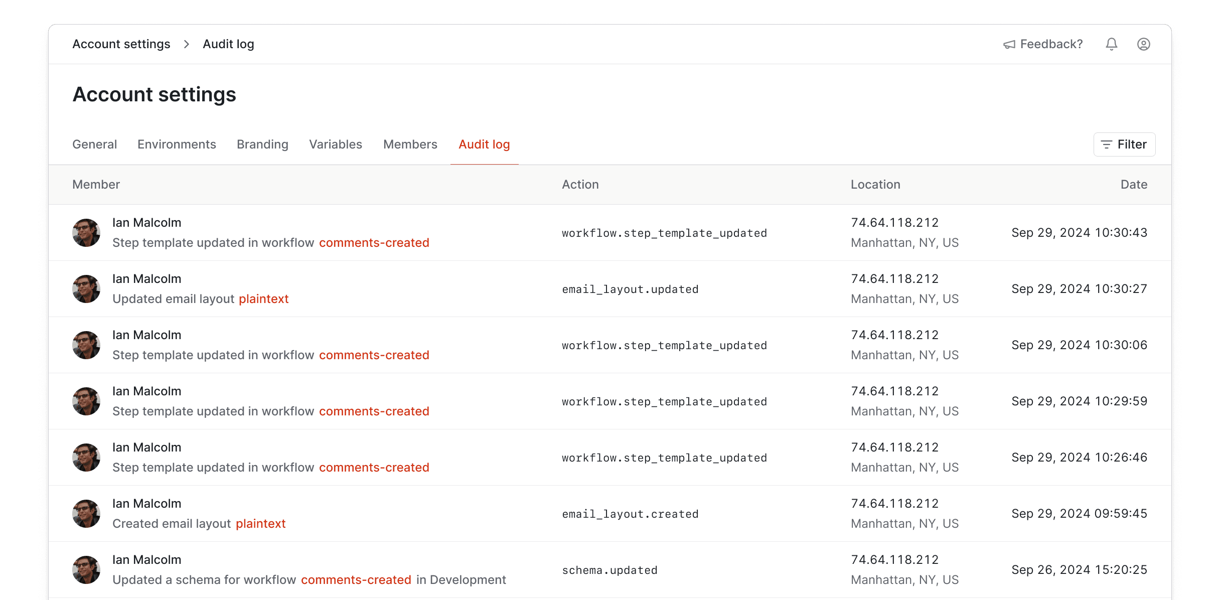 Drill down to the root cause of issues with an audit log of all events, including date, action, and IP address.