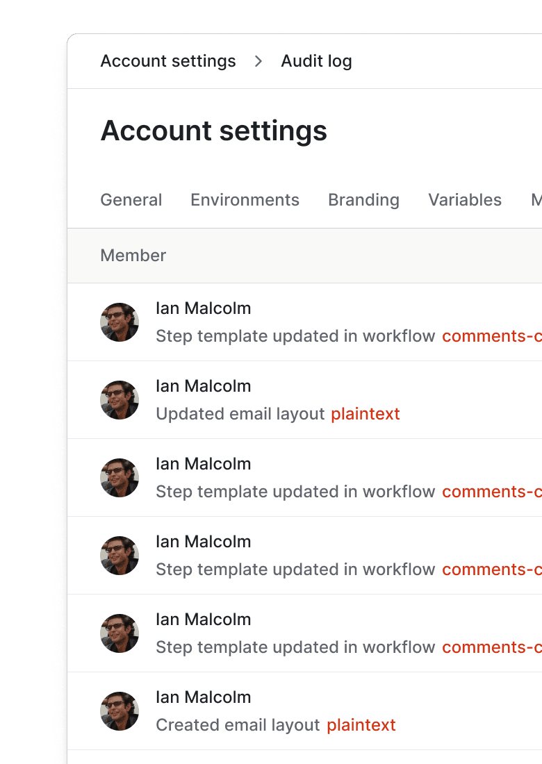 Drill down to the root cause of issues with an audit log of all events, including date, action, and IP address.