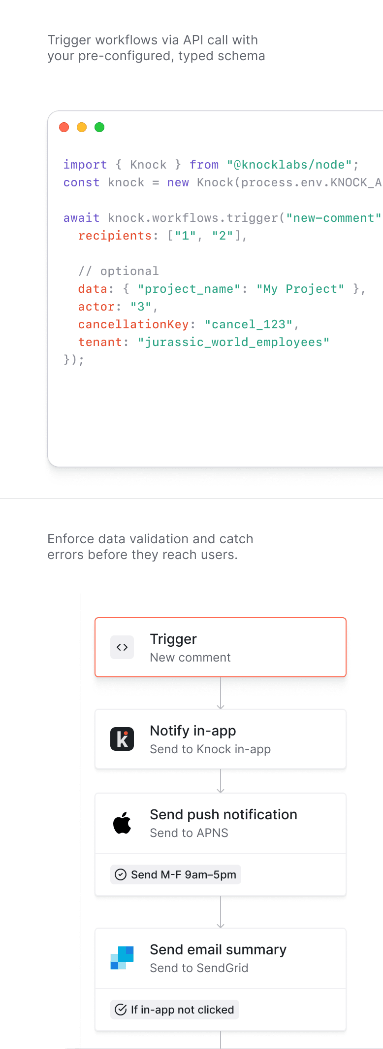 Trigger and cancel workflows via our API. Set a schema and enforce data validation to catch errors before they reach users.
