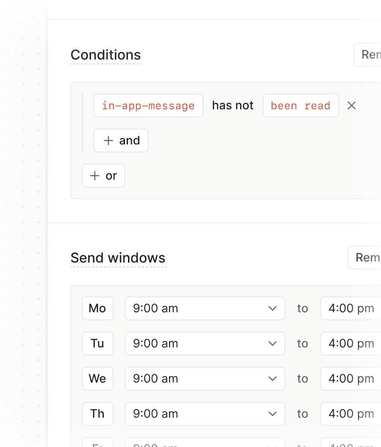 Respect users’ time and attention with built-in controls for send windows and do-not-disturb.