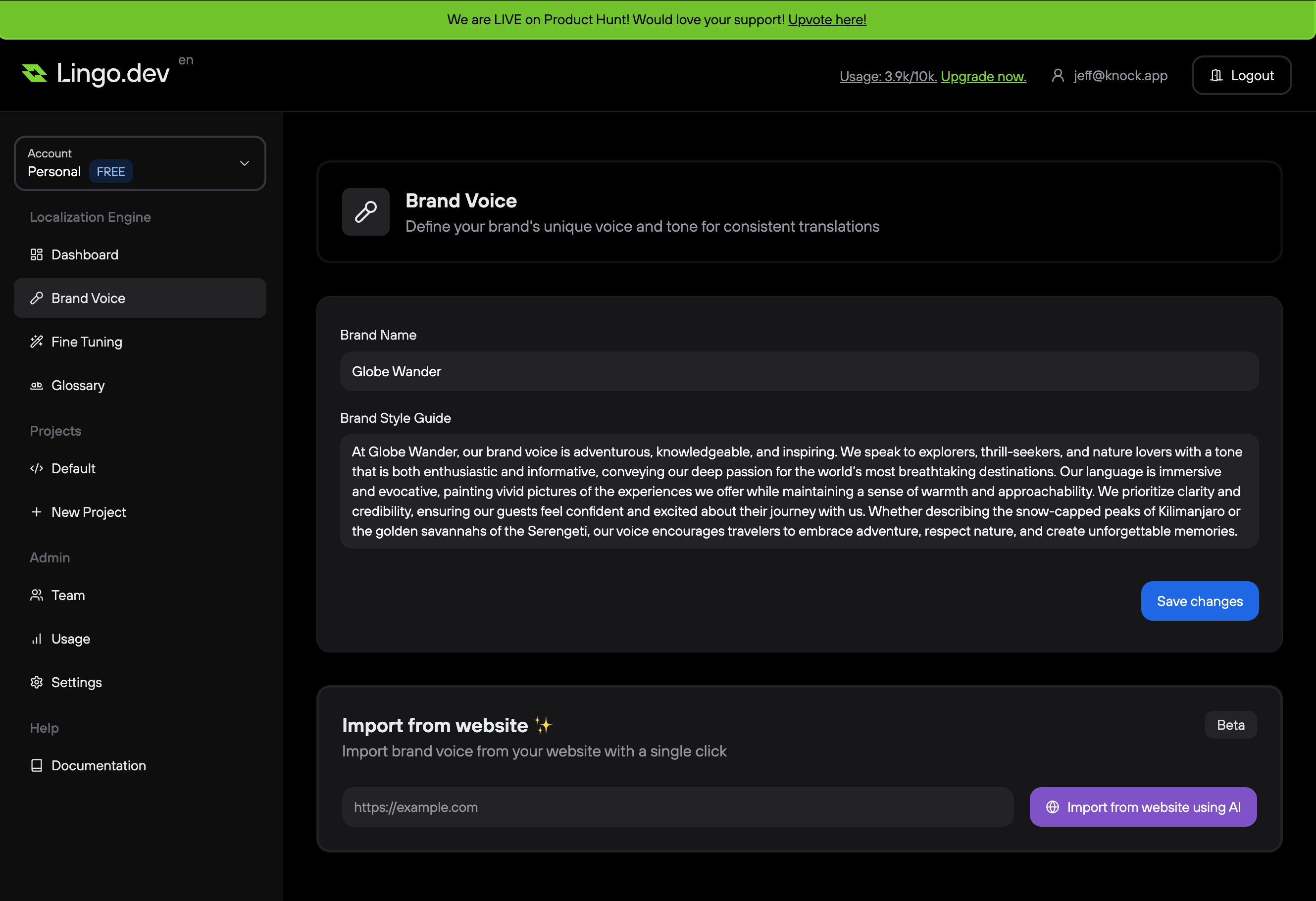 Lingo.dev brand voice settings