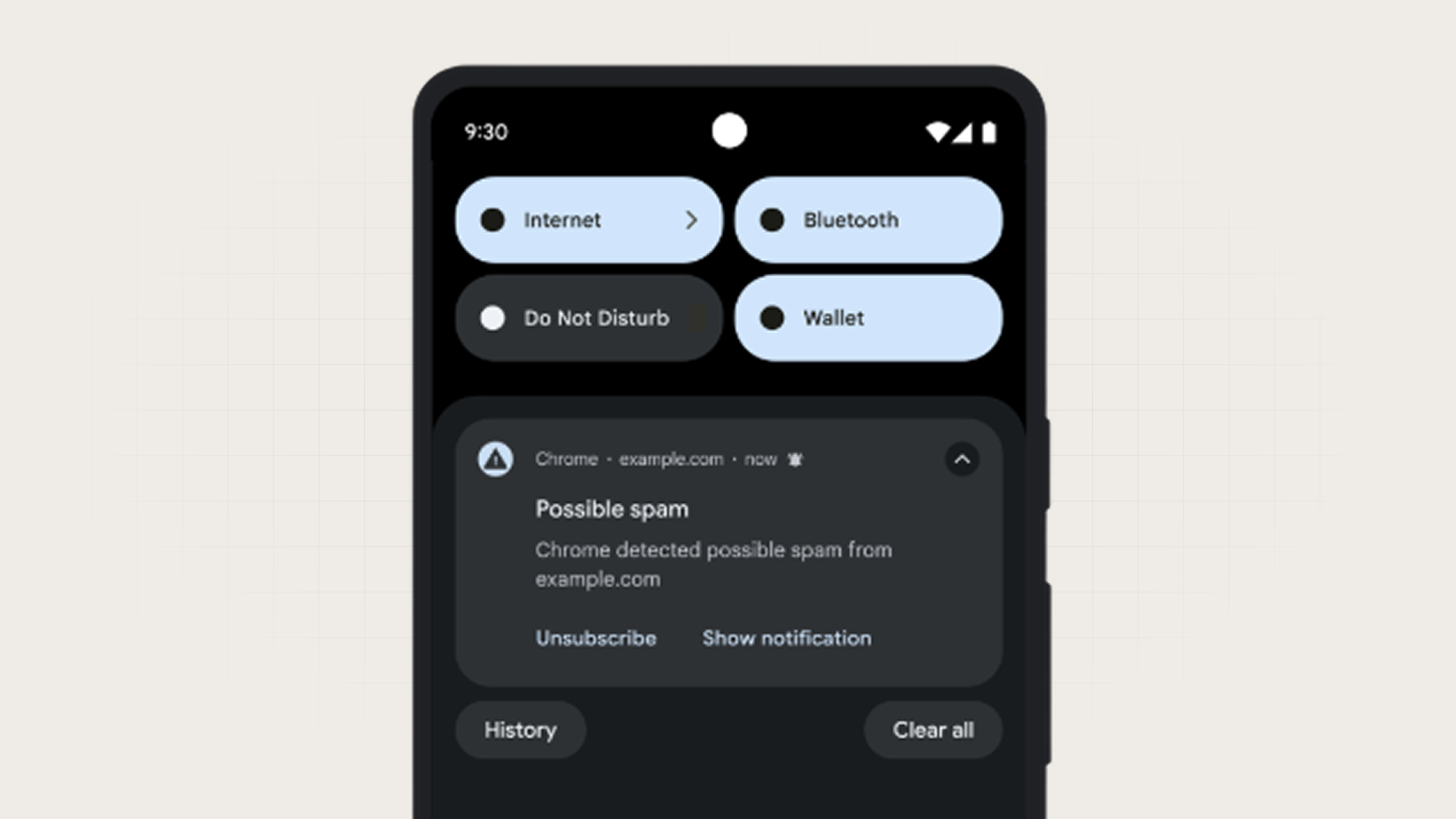 An example Chrome web push notification flagged as possibly spam
