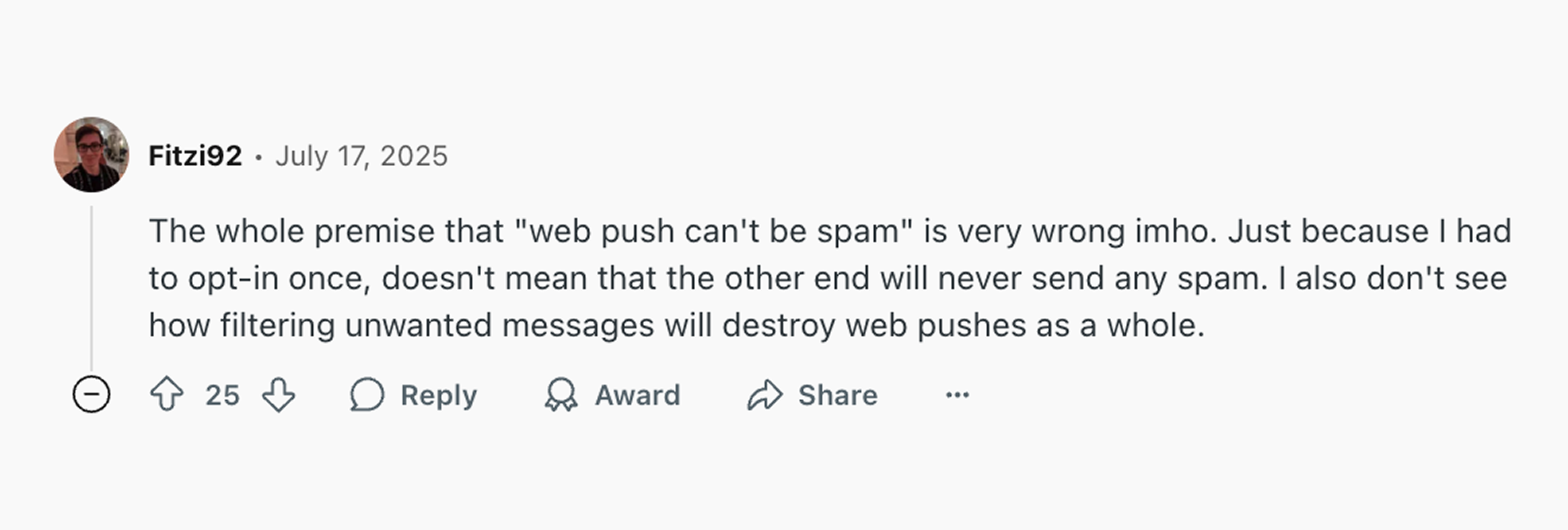 A Reddit comment about opting in to web push notifications