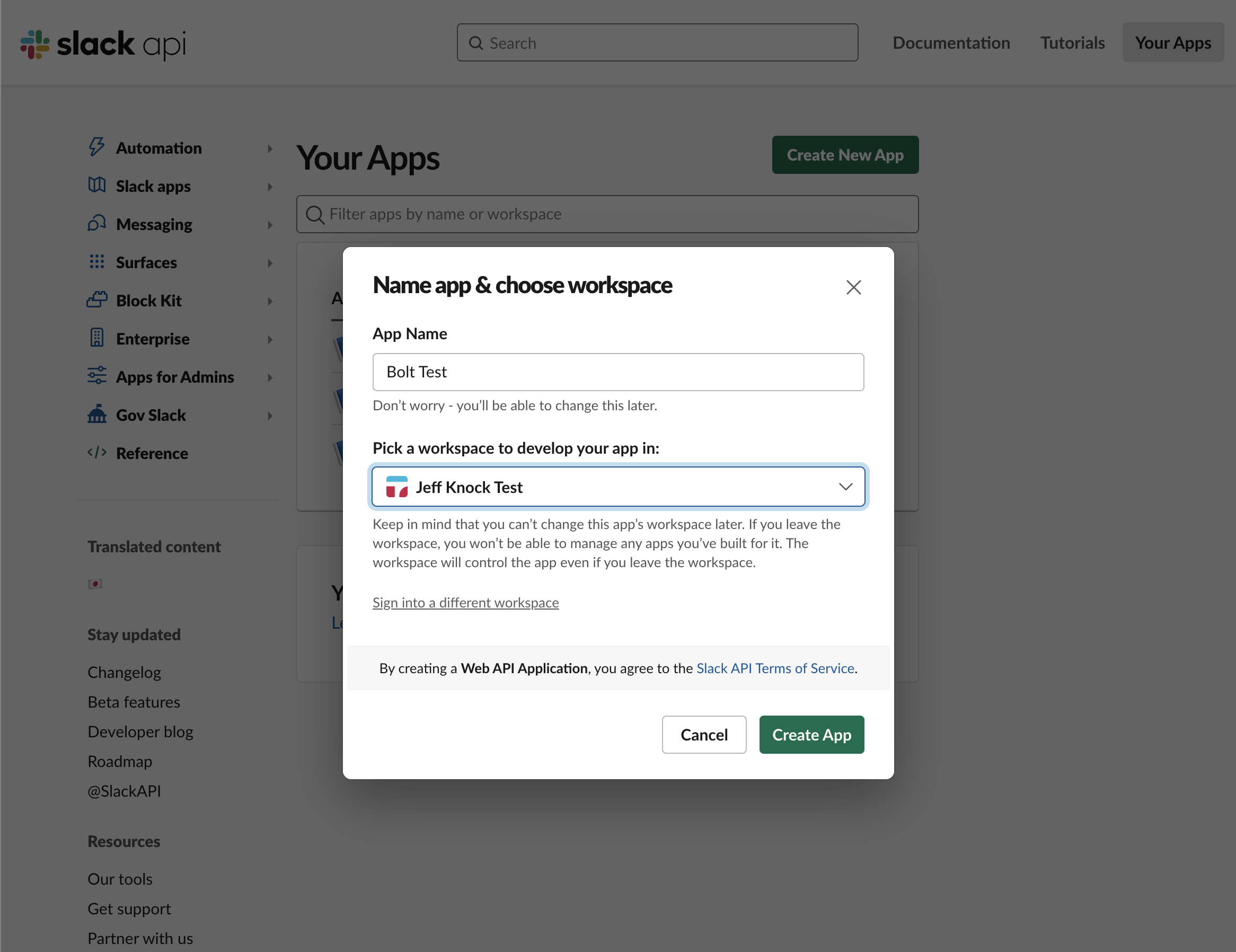 creating a new slack app