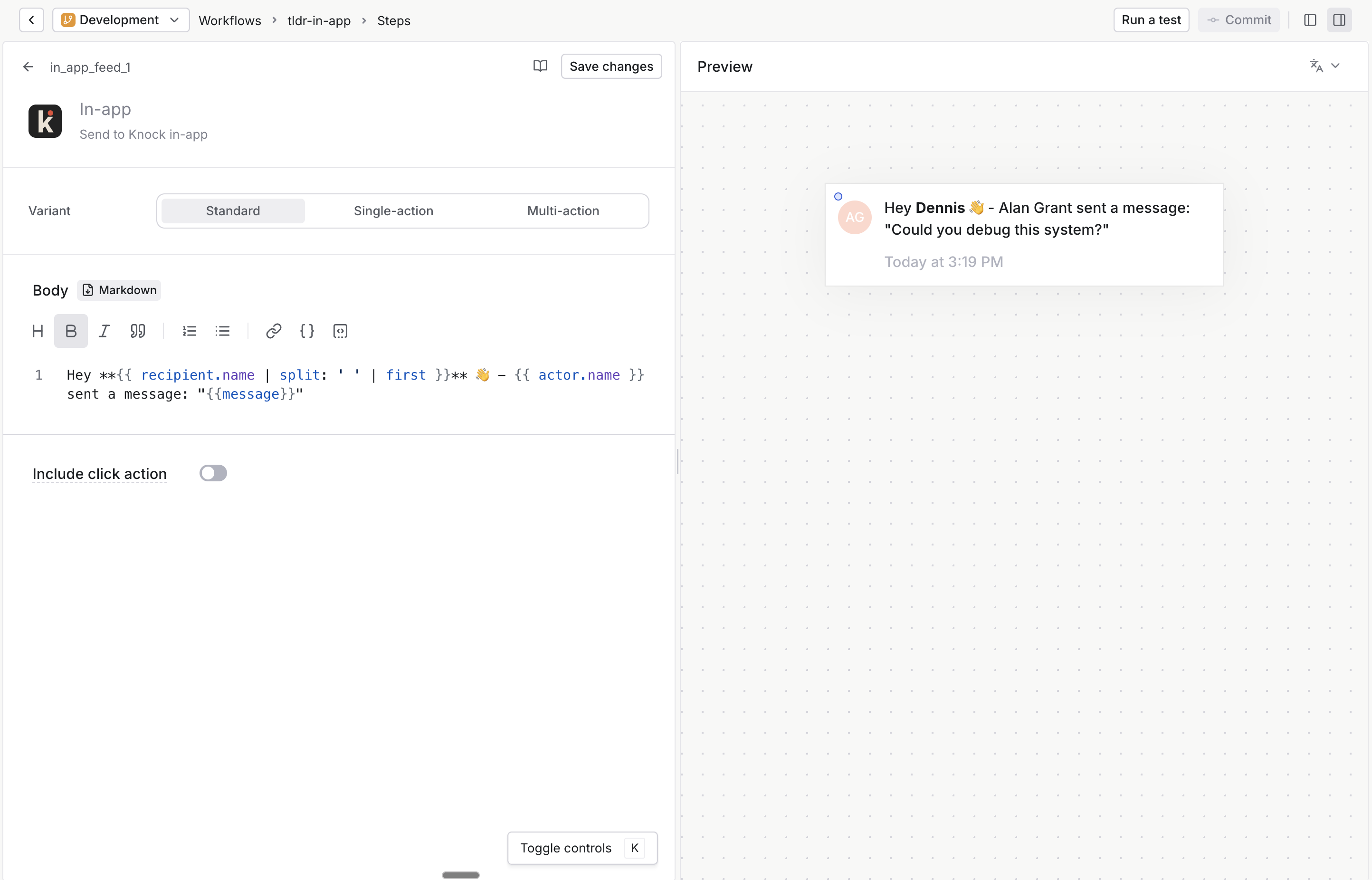 Knock's template editor with in-app step