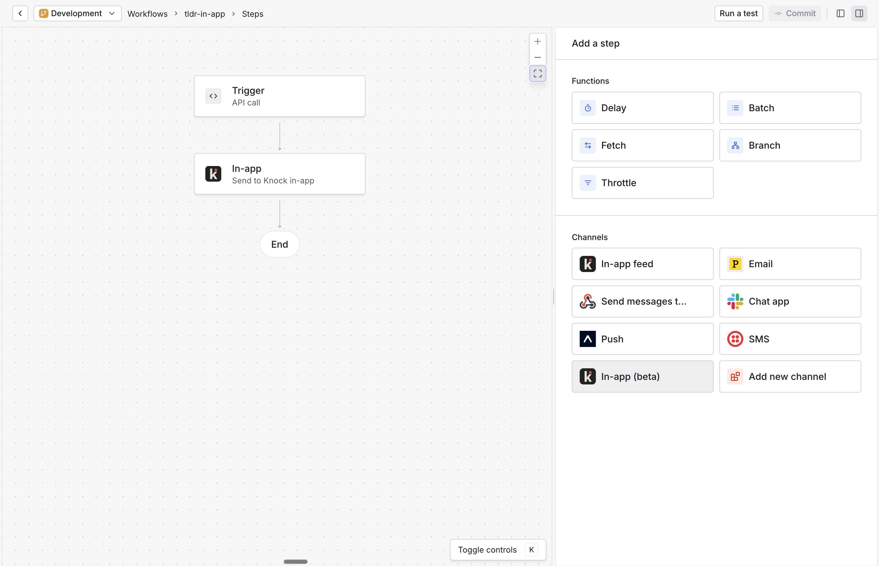 Knock's workflow canvas with in-app step
