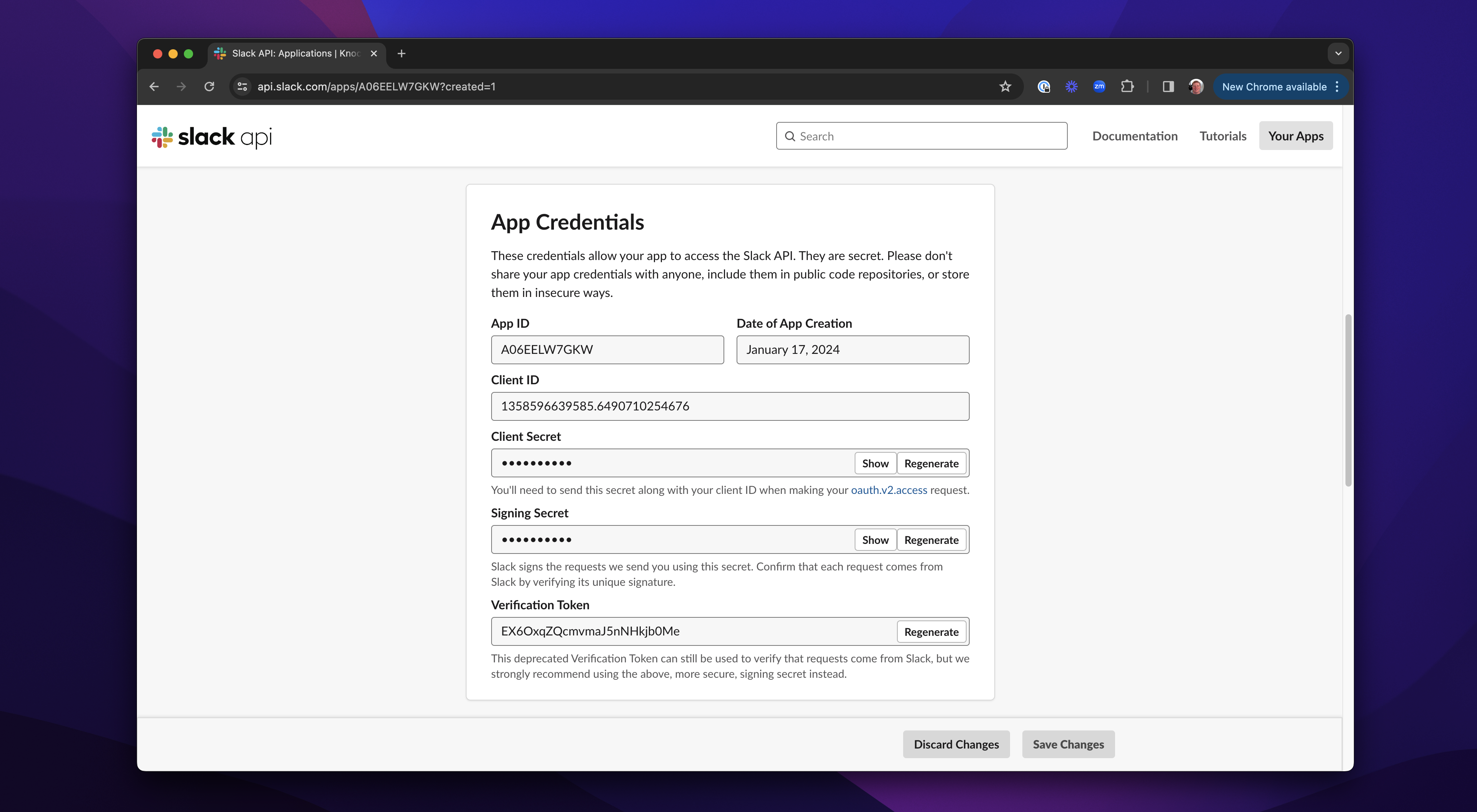 the slack app credentials screen