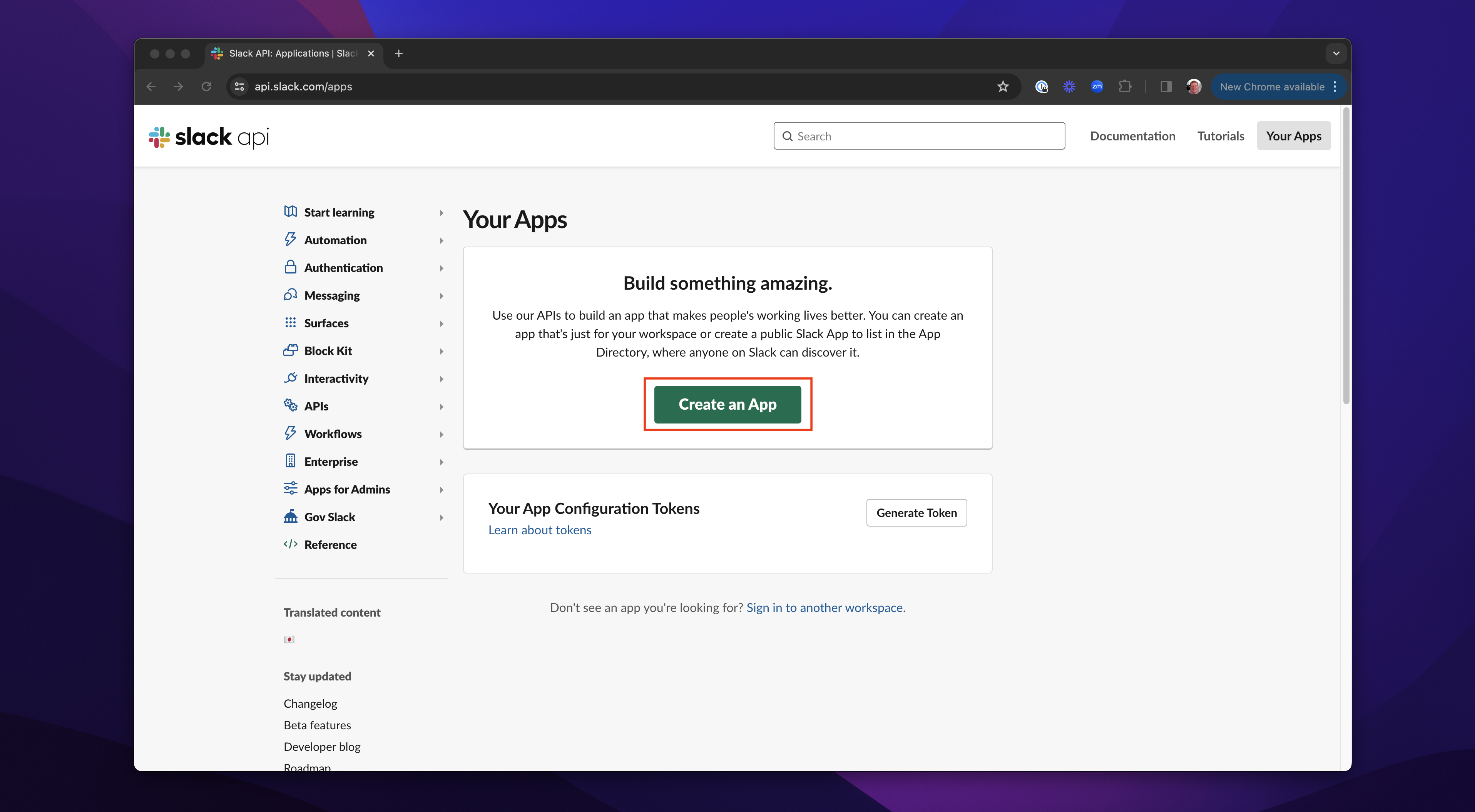 the slack create new app screen