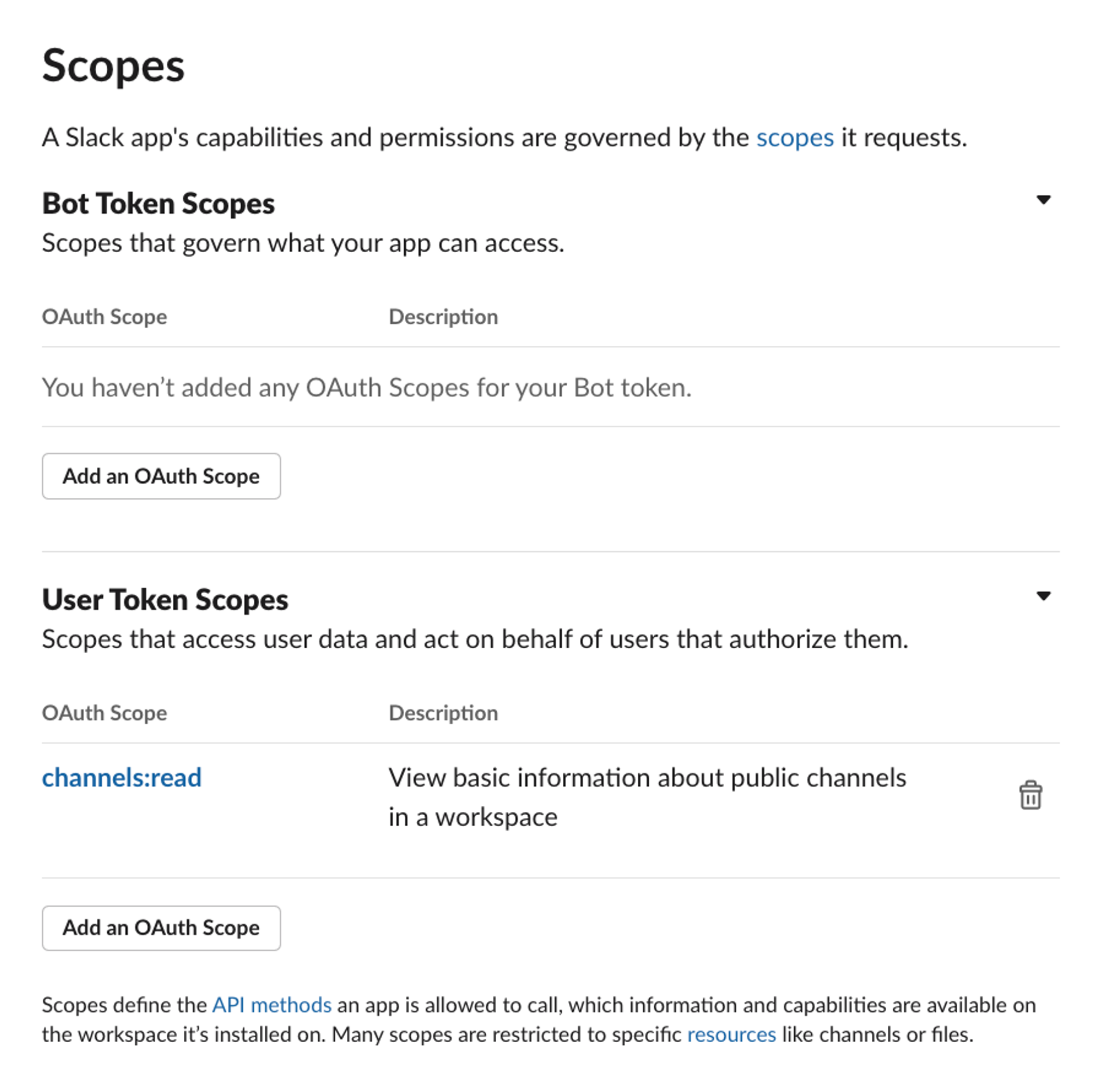 set the scopes of your slack app