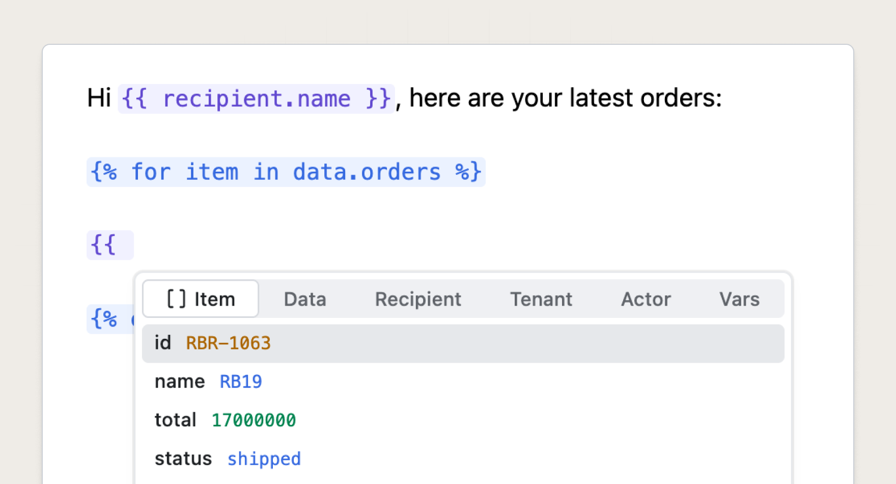 Inside a for-loop, the autocomplete shows an item scope tab next to the usual ones, listing the fields of a data.orders element.