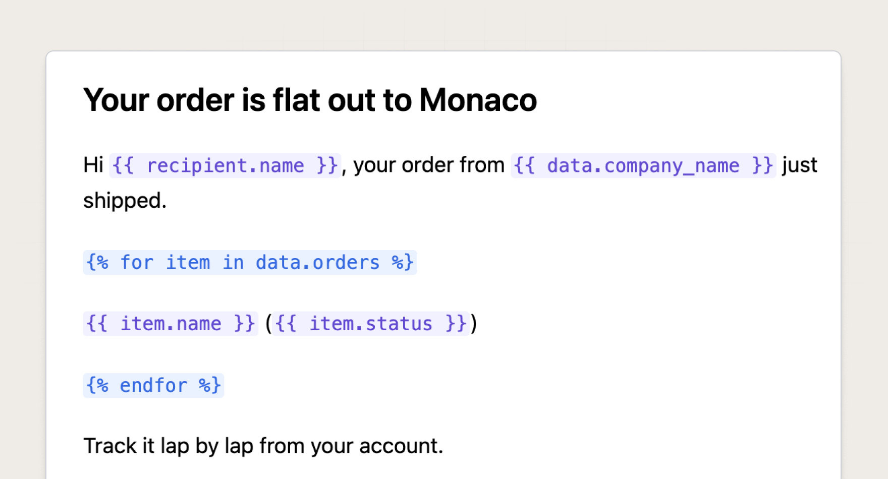 The new Tiptap-based template editor showing an order-confirmation message, with Liquid values highlighted inline.