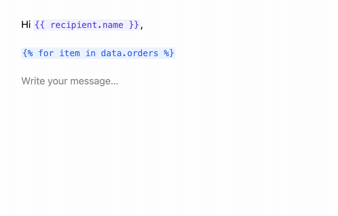 Typing item-dot inside a for-loop that has no endfor yet; the suggestions still appear.