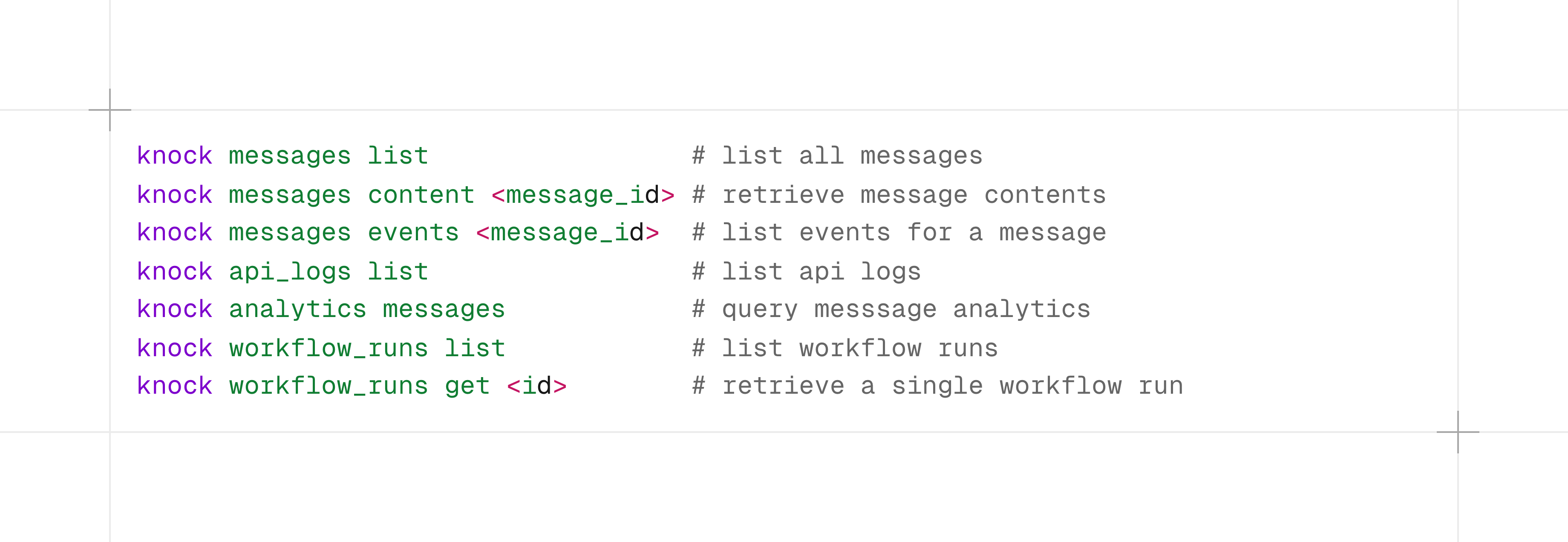 The Knock Agent CLI, showing the list of available commands and their usage