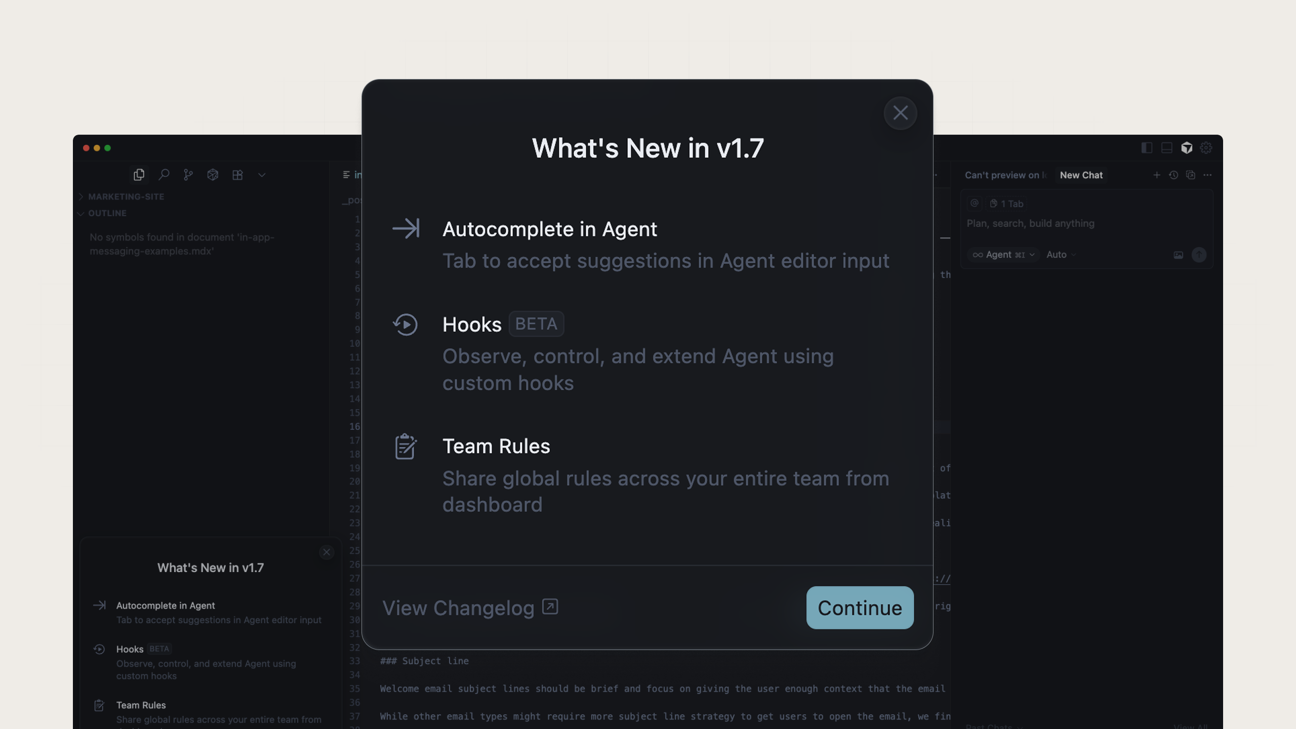 An example of a changelog modal from Cursor