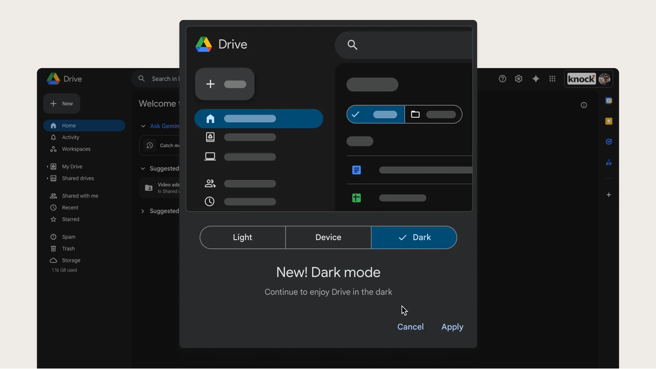 An example of a new feature modal from Google