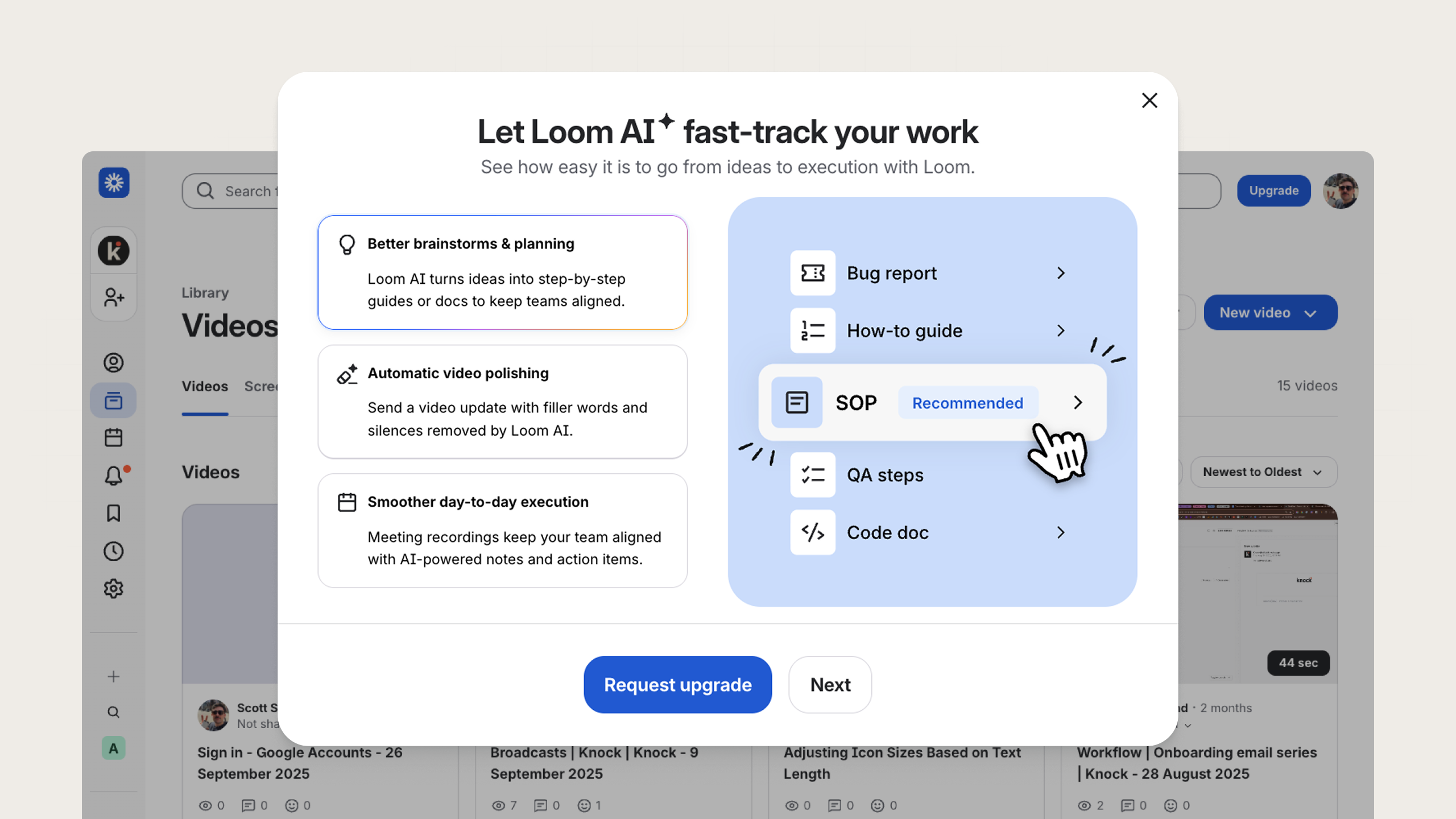 An example of an upsell modal from Loom