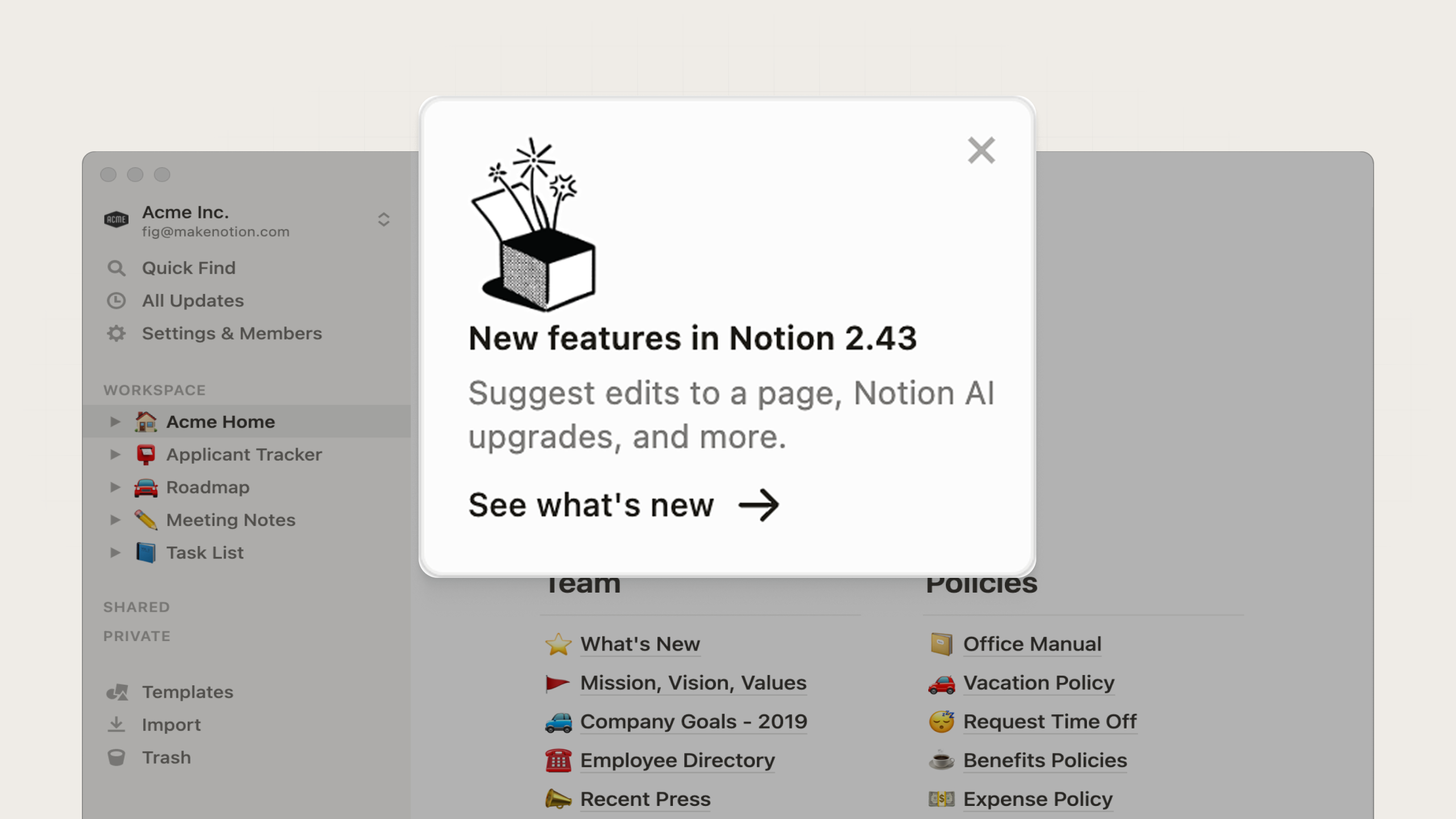 An example of a changelog card from Notion
