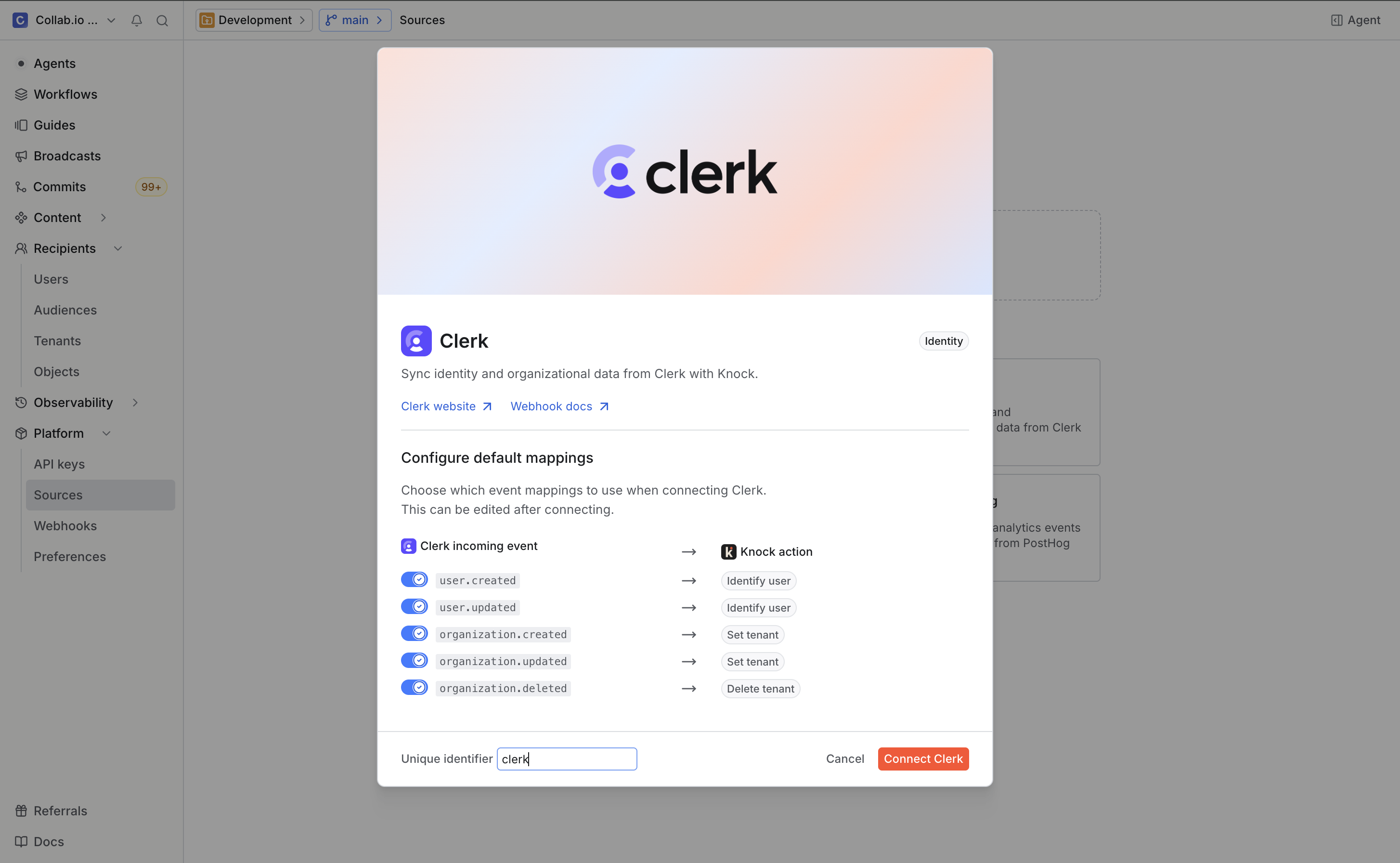 Clerk data source configuration in Knock