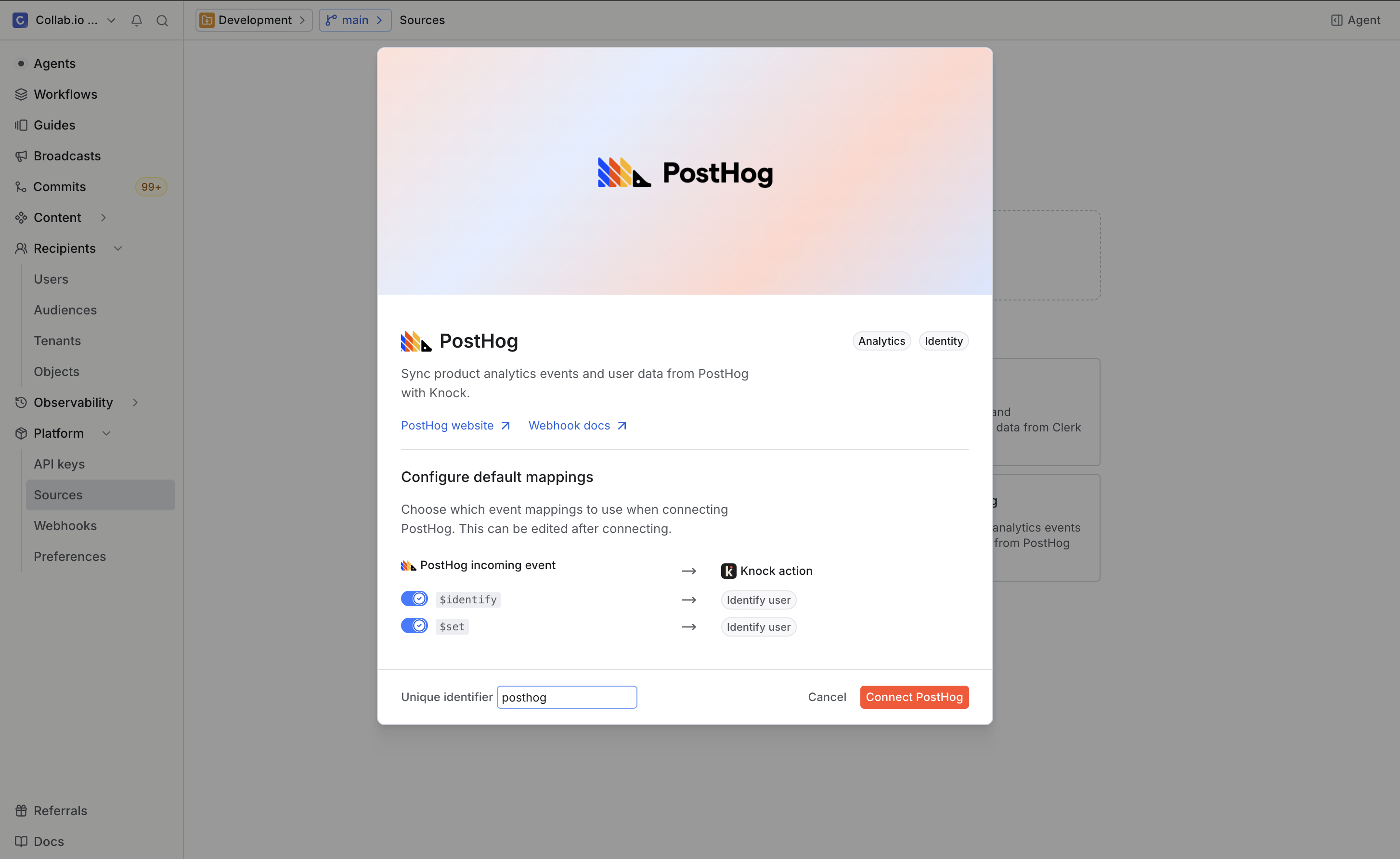 PostHog events mapped to Knock actions