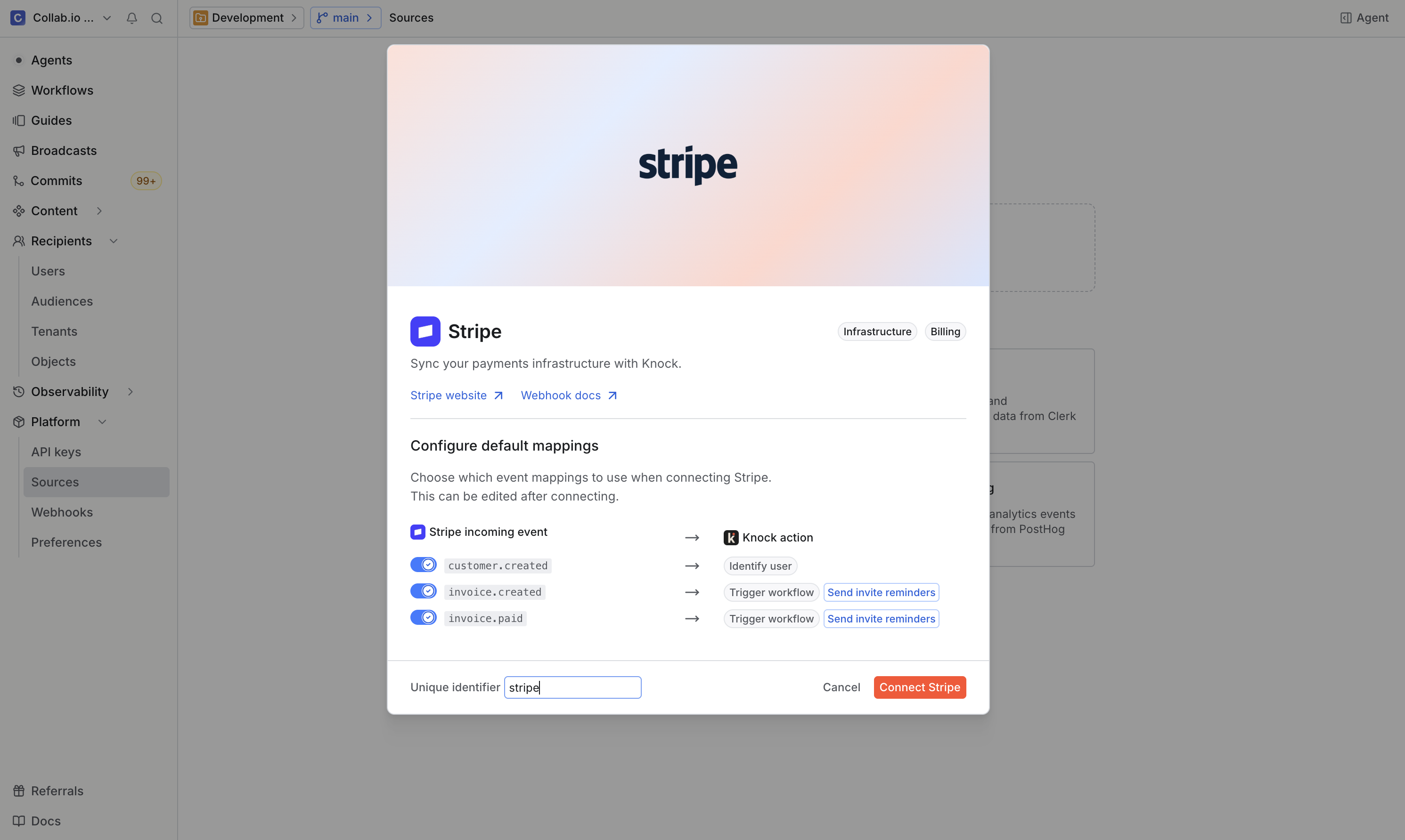 Stripe events mapped to Knock actions
