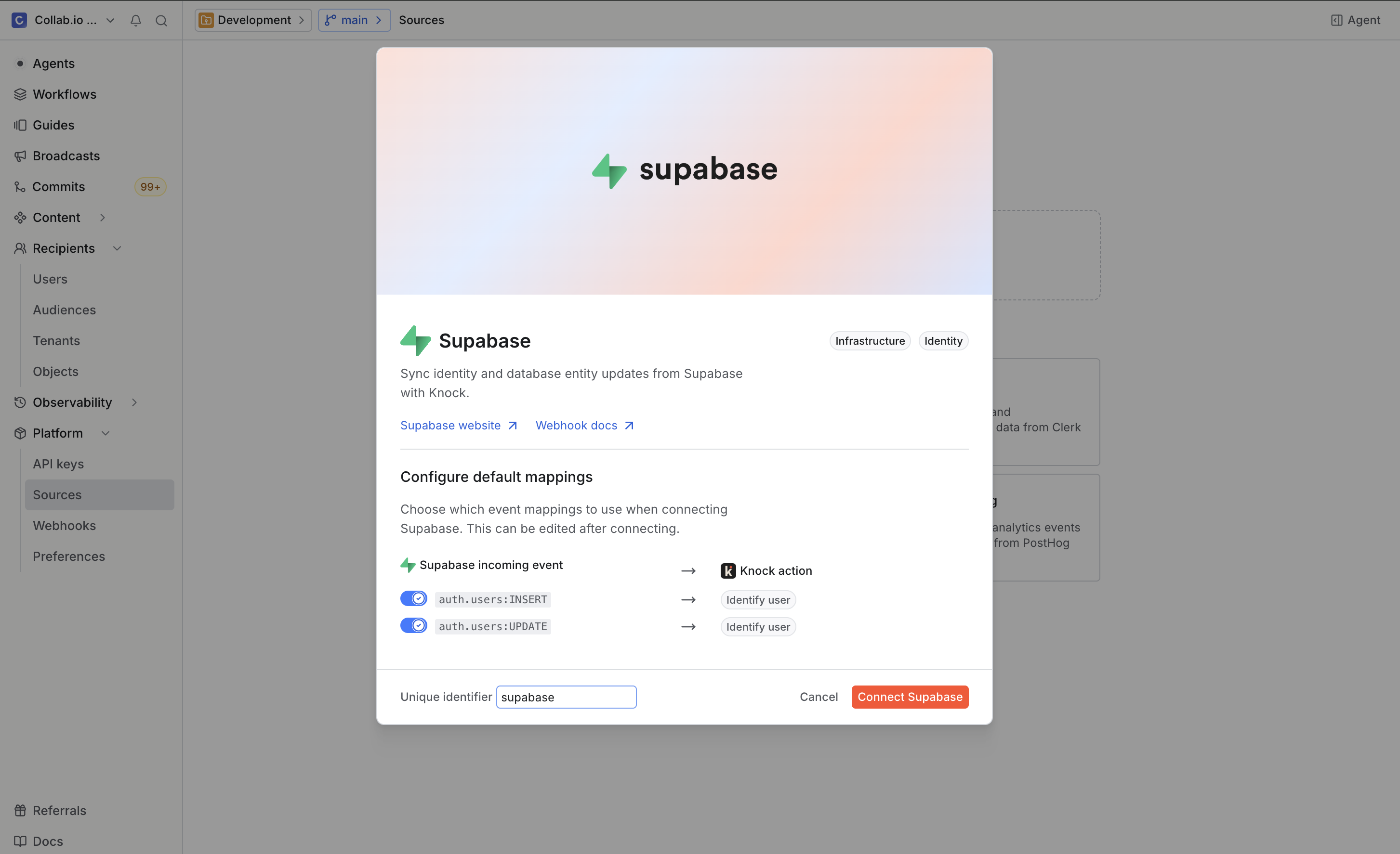Supabase events mapped to Knock actions