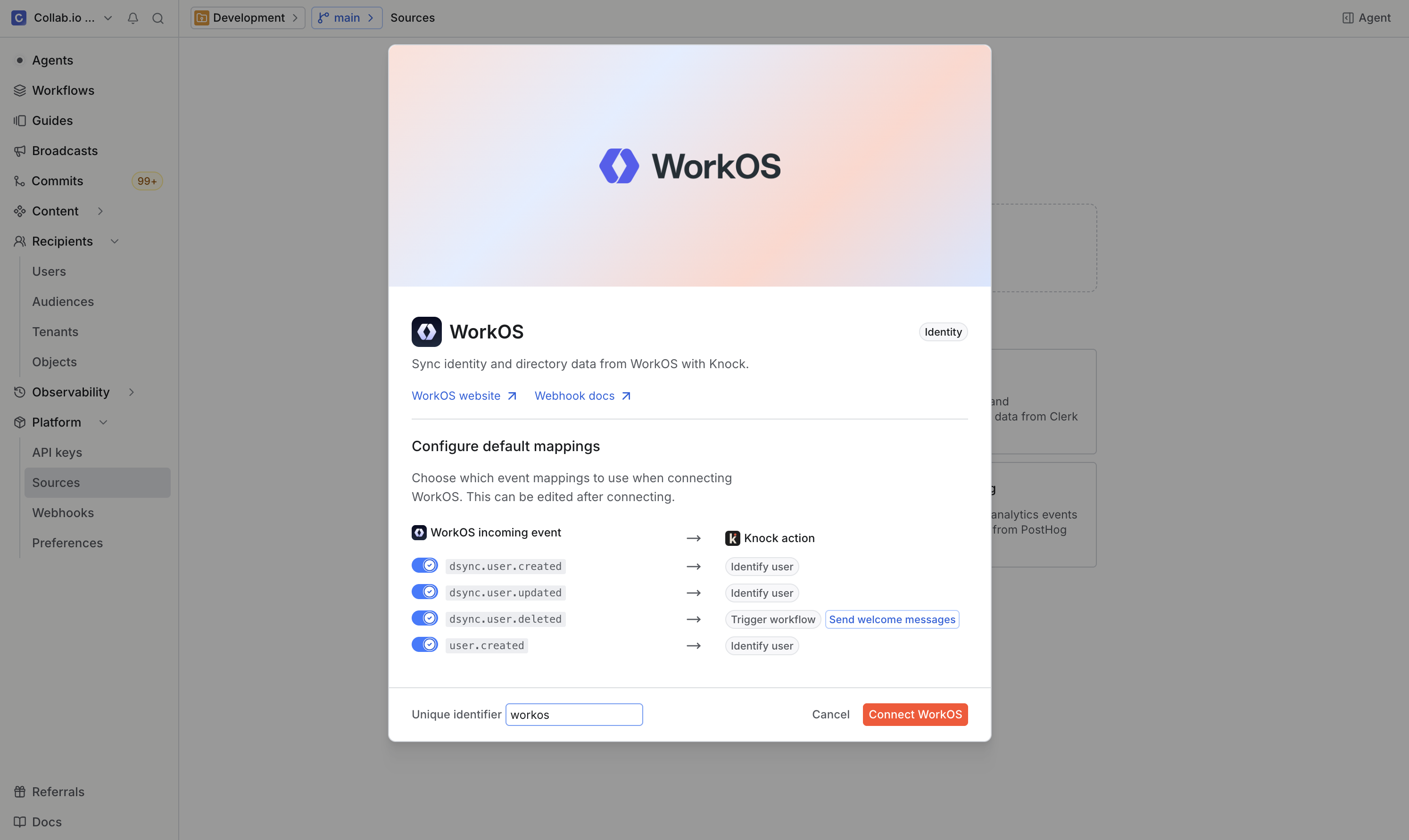WorkOS events mapped to Knock actions
