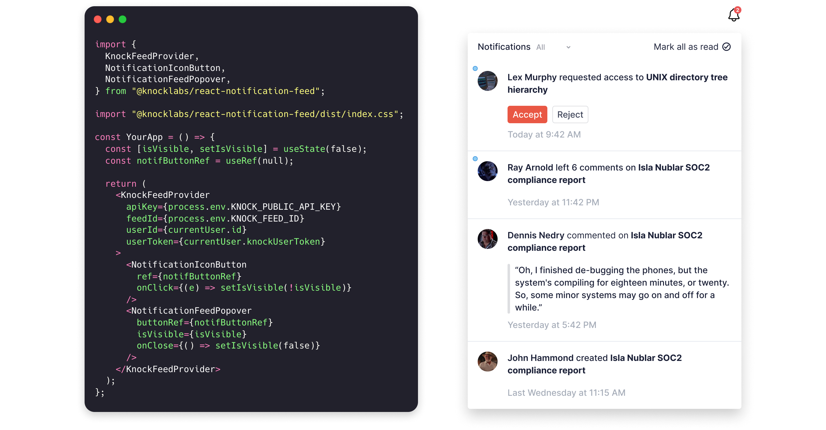 The Knock notification feed component and the code that powers it.