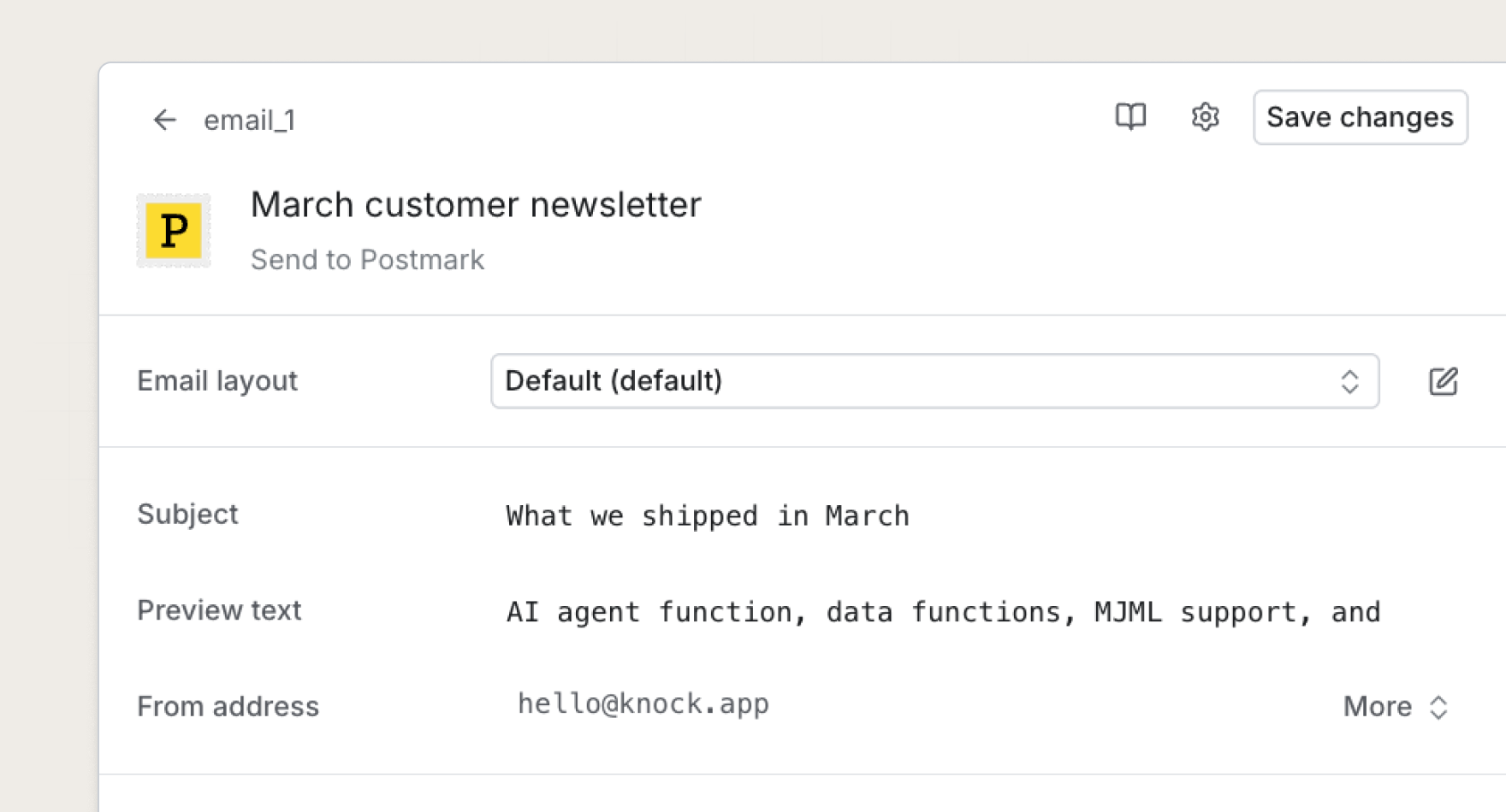 Close-up of the layout selector in the email template editor