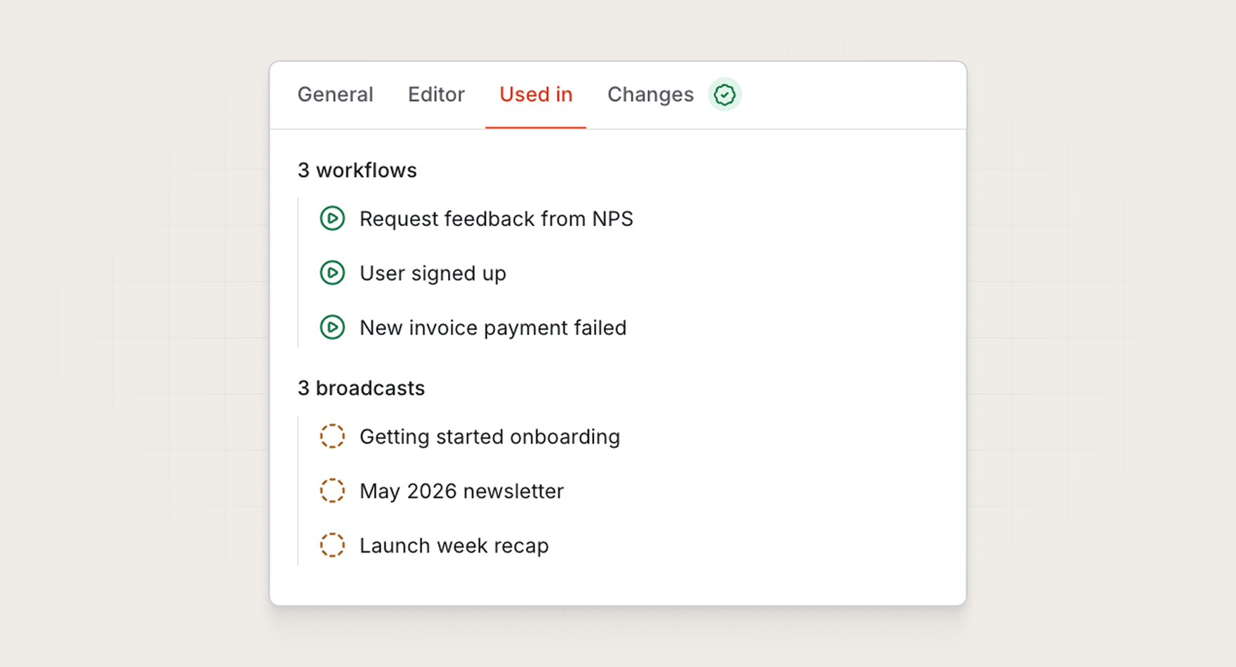 Close-up of the 'Used in' data on the layouts page