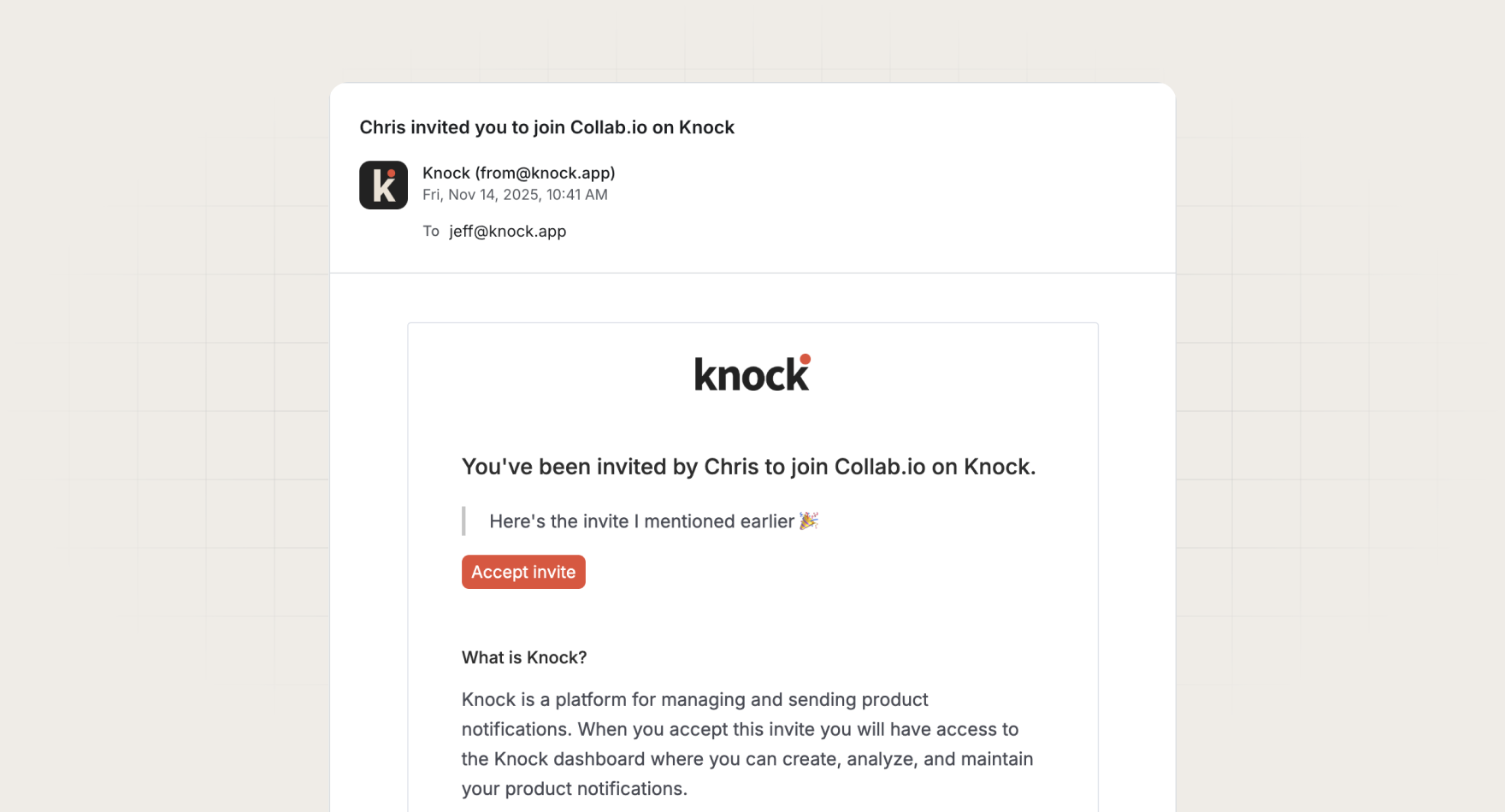 User invitation message example