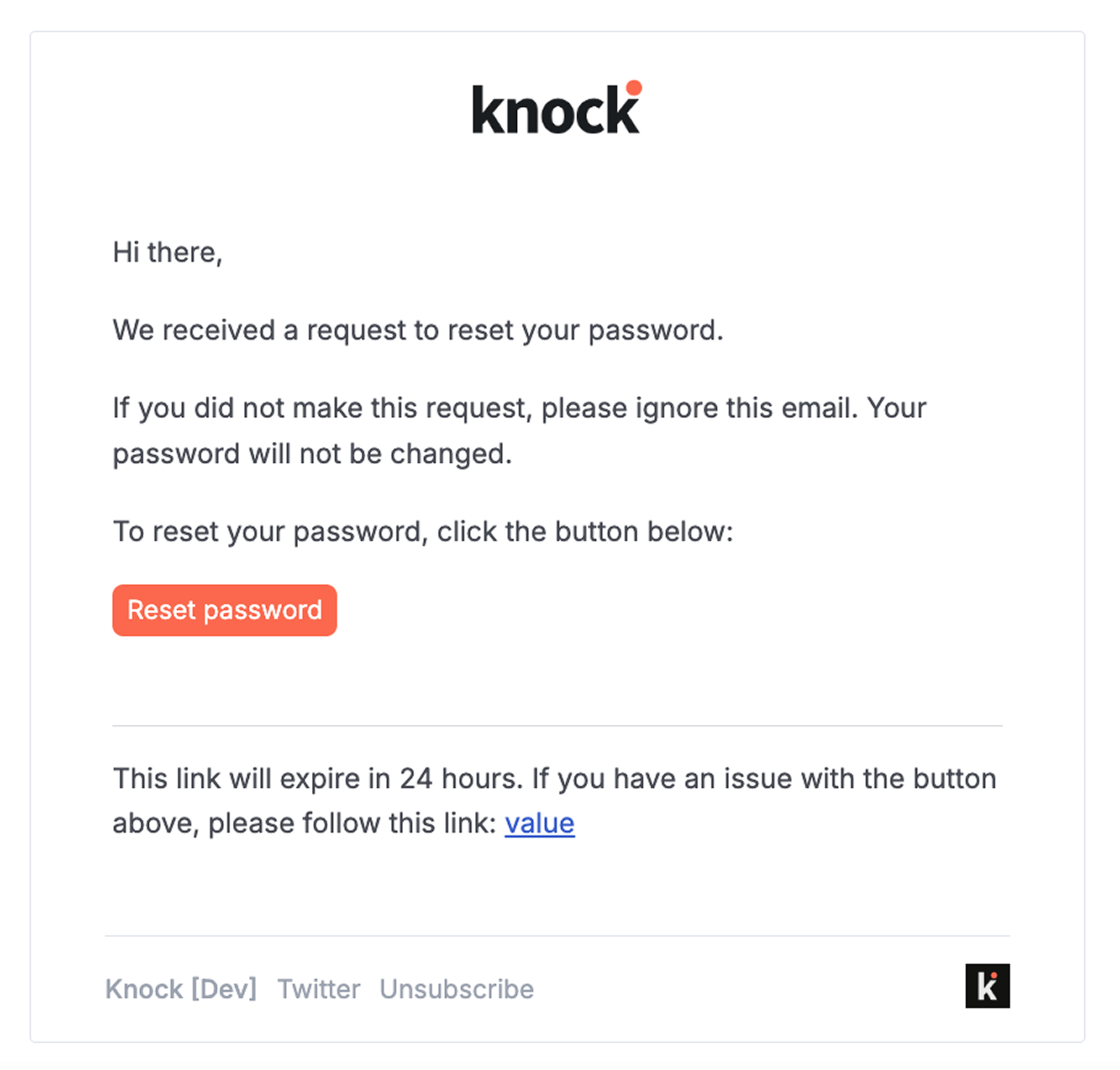 An example password reset email.