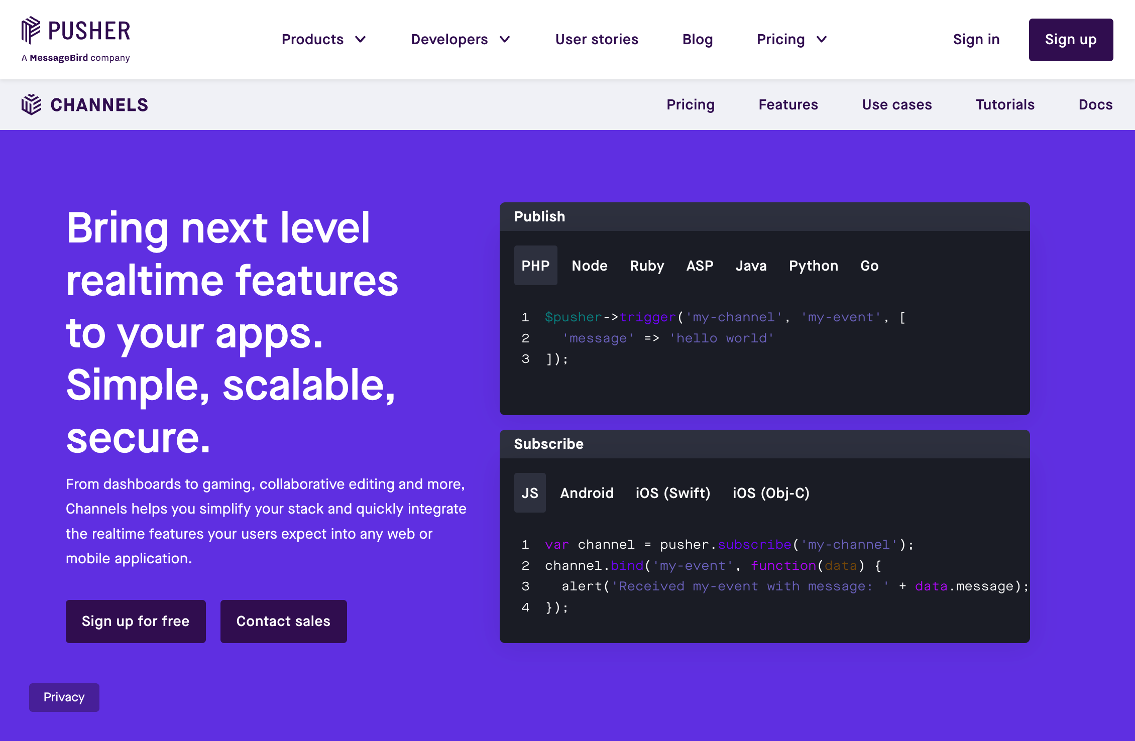 Pusher Channels website
