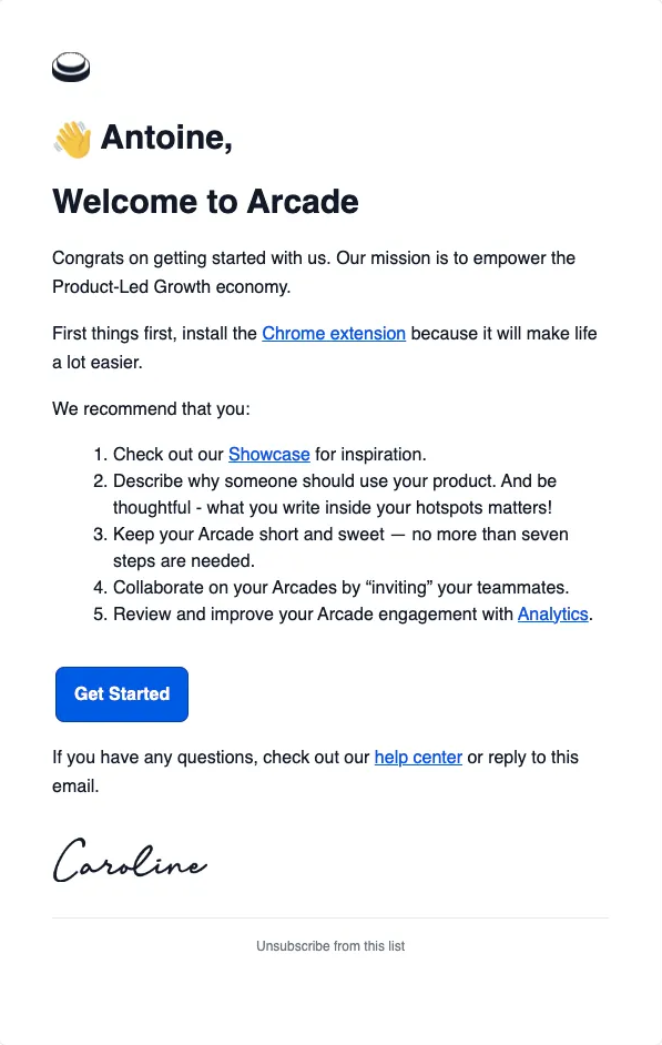 An example welcome email from Arcade