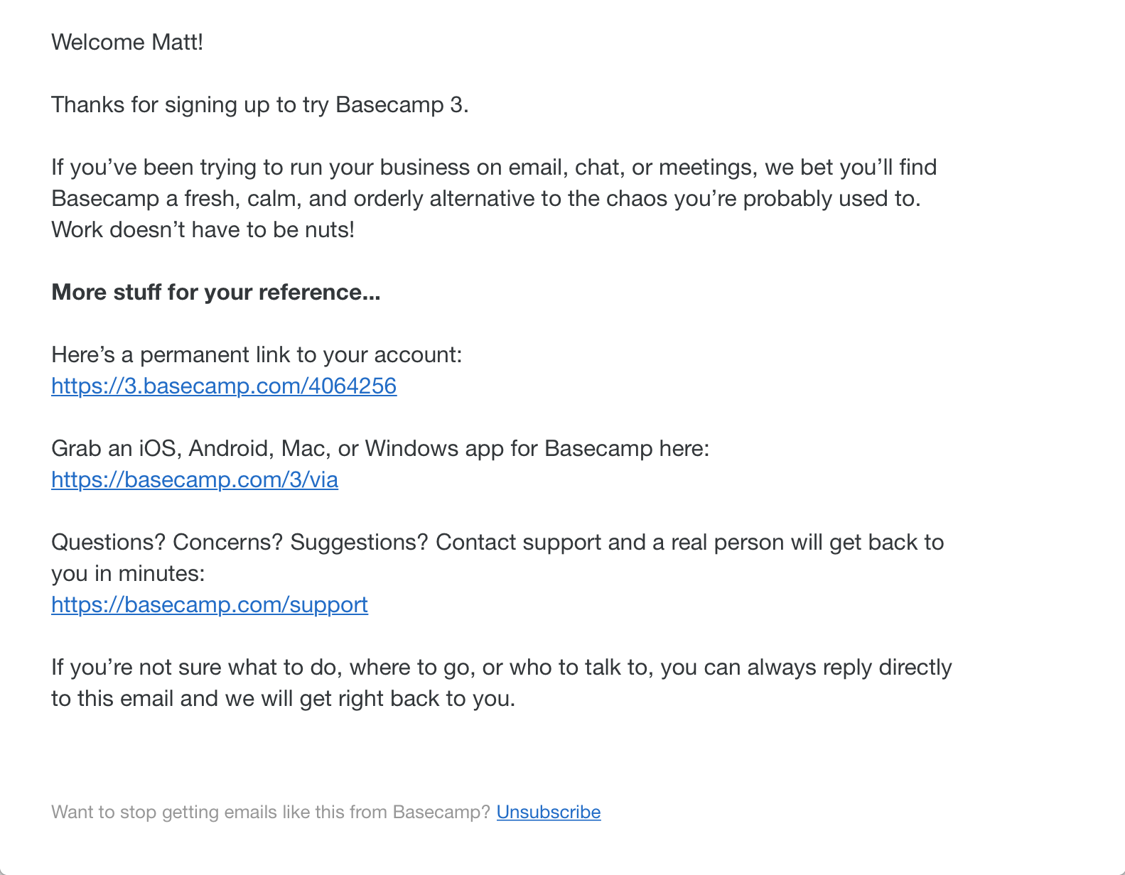 An example welcome email from Basecamp