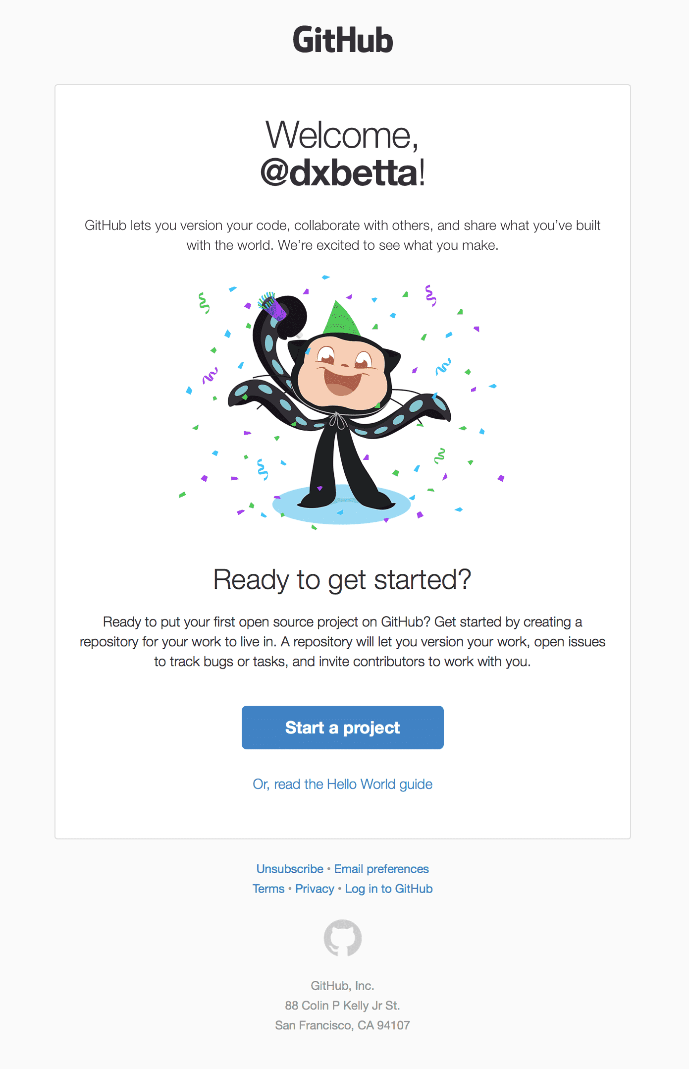 An example welcome email from GitHub