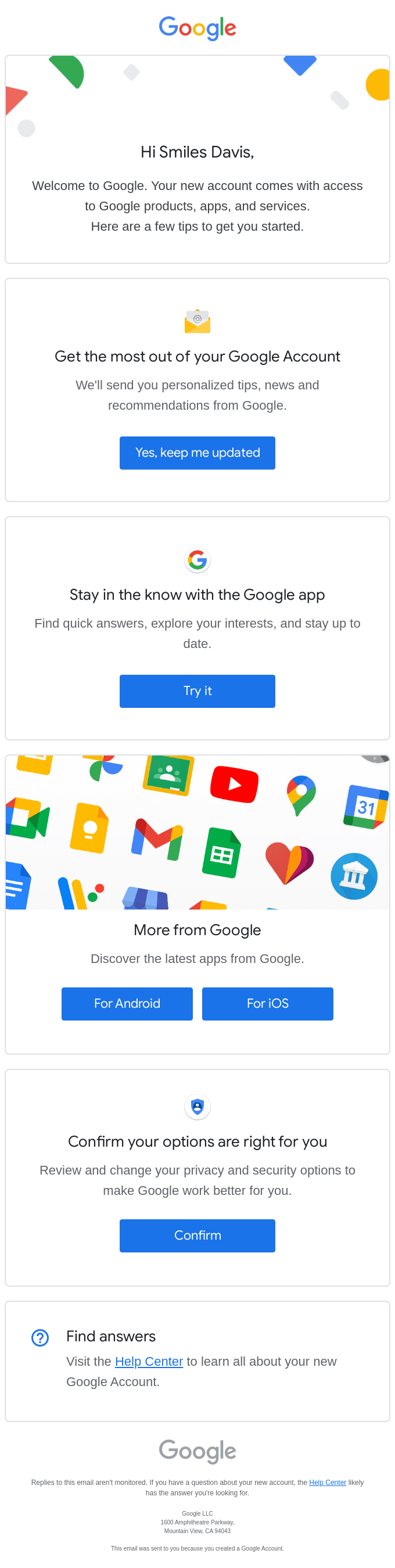 An example welcome email from Google