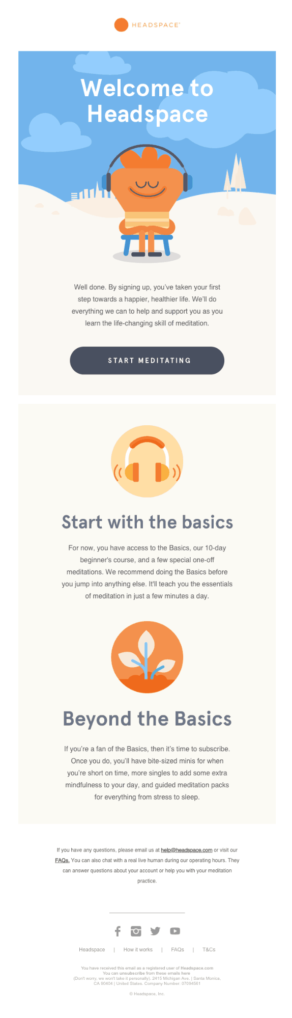 An example welcome email from Headspace