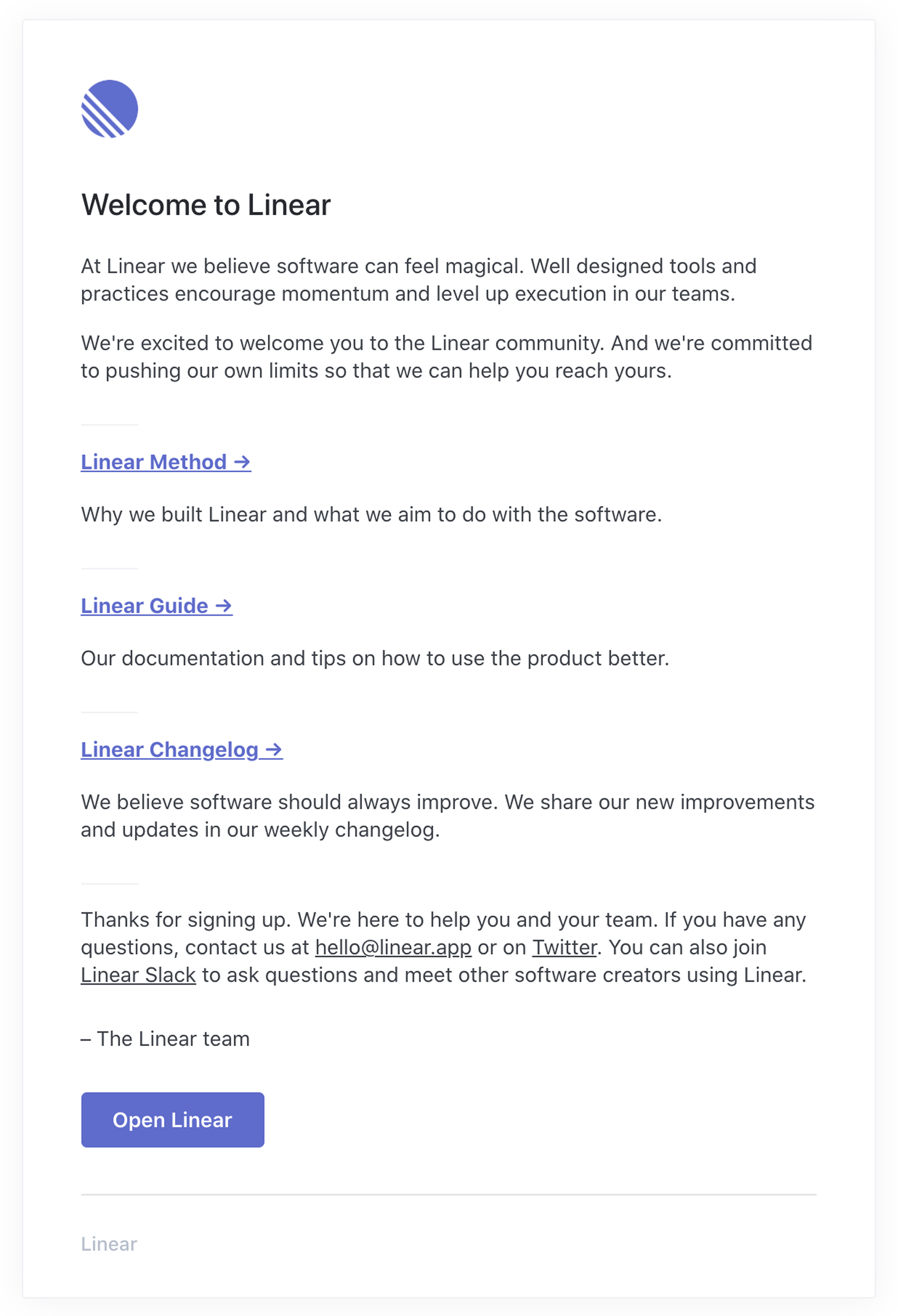 An example welcome email from Linear