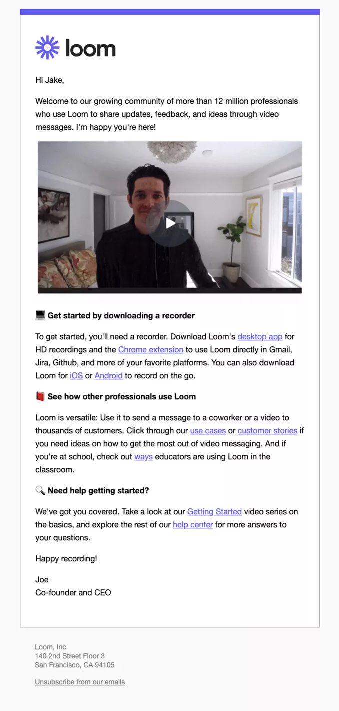 An example welcome email from Loom