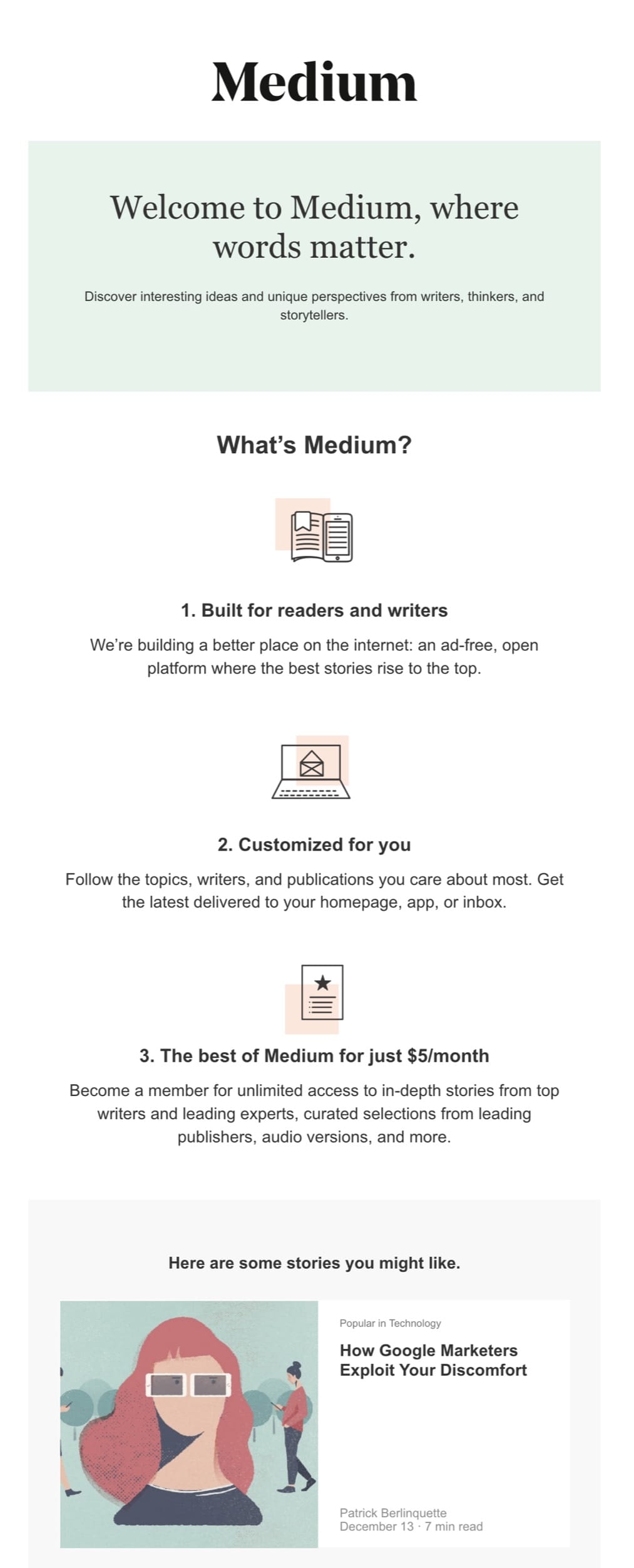 An example welcome email from Medium