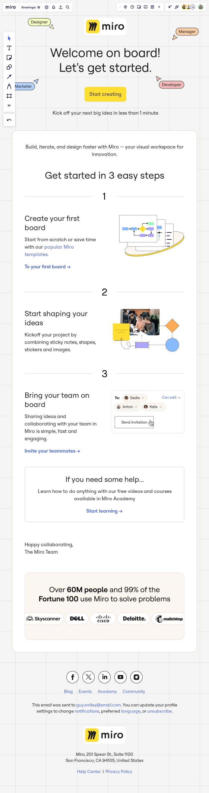 An example welcome email from Miro