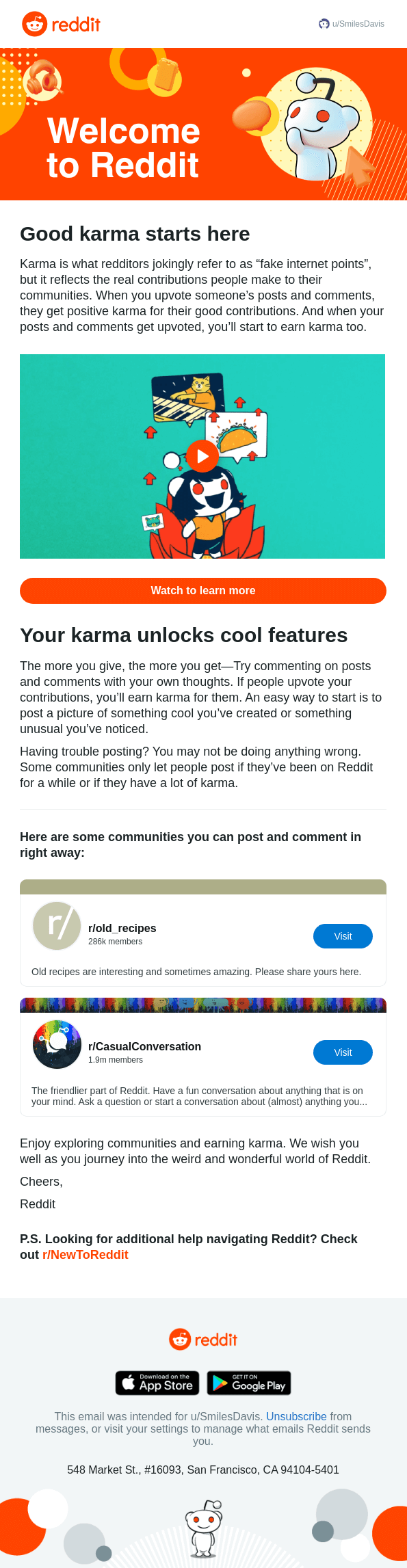 An example welcome email from Reddit