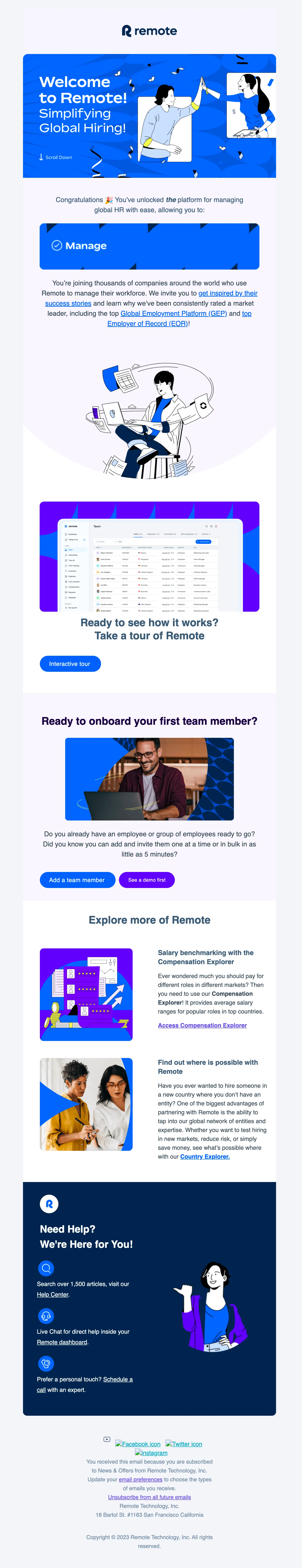 An example welcome email from Remote