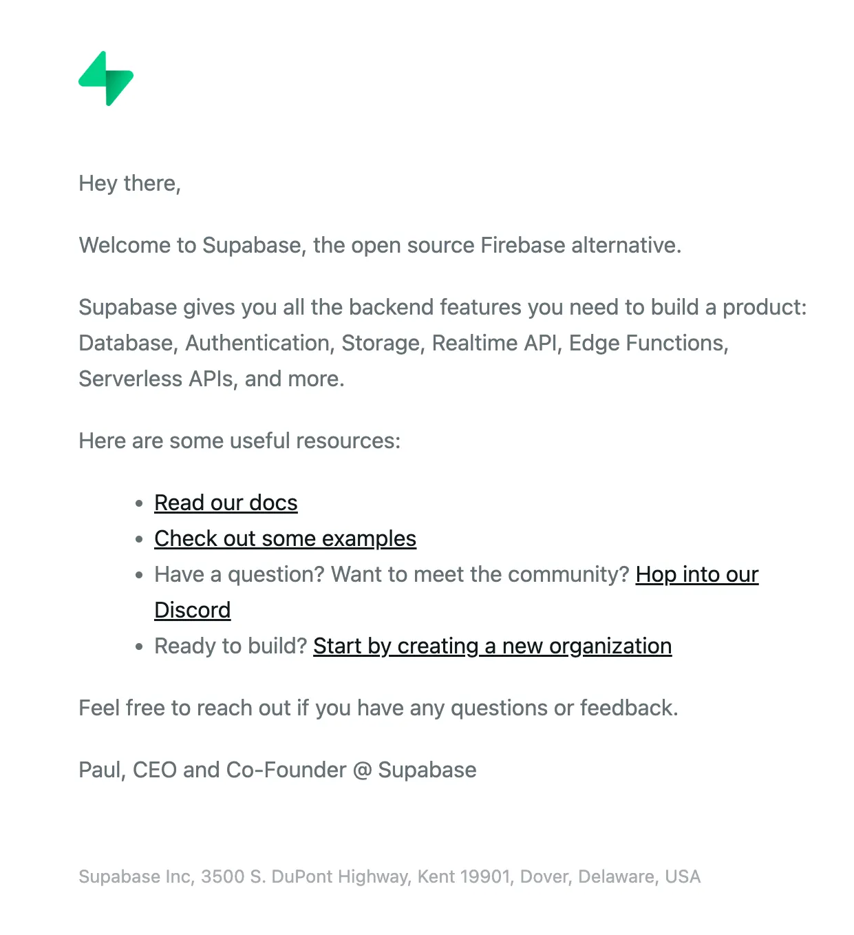 An example welcome email from Supabase