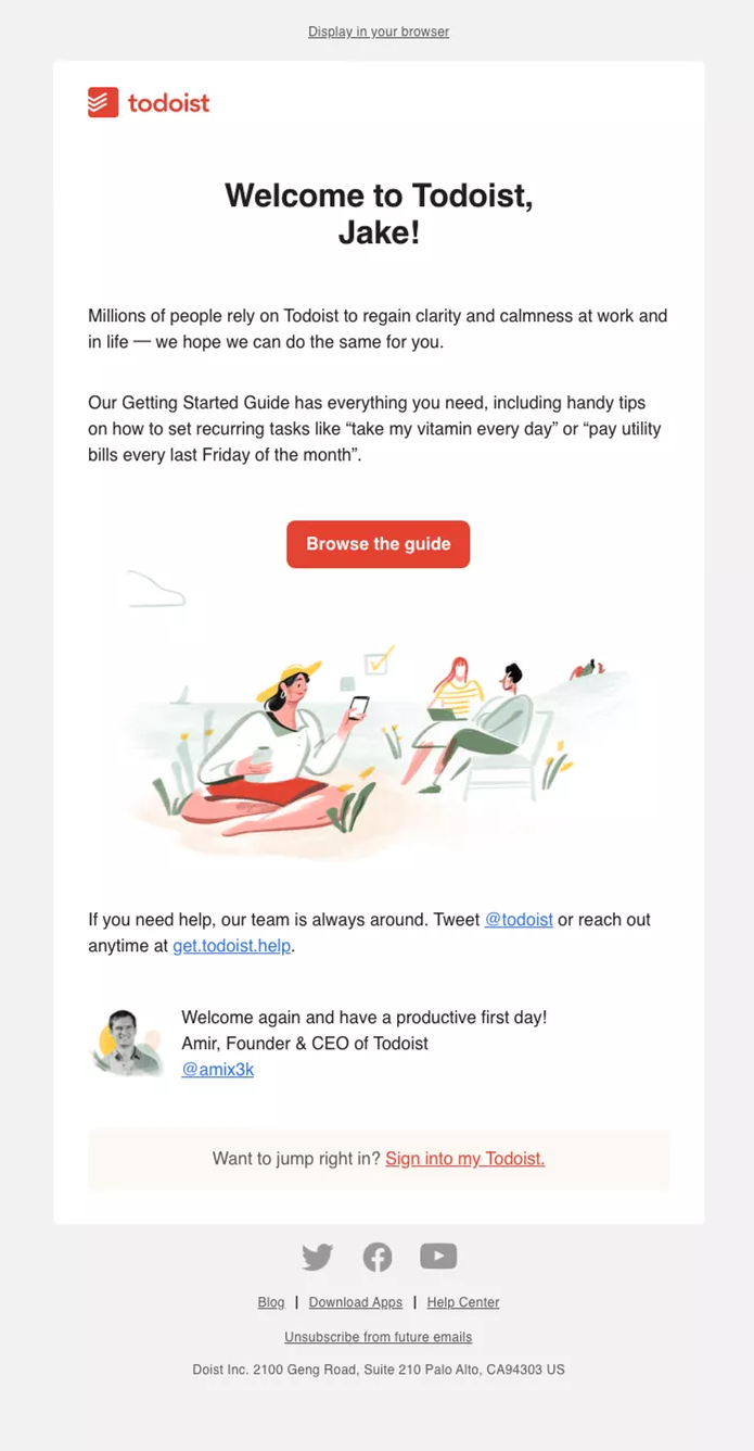 An example welcome email from Todoist