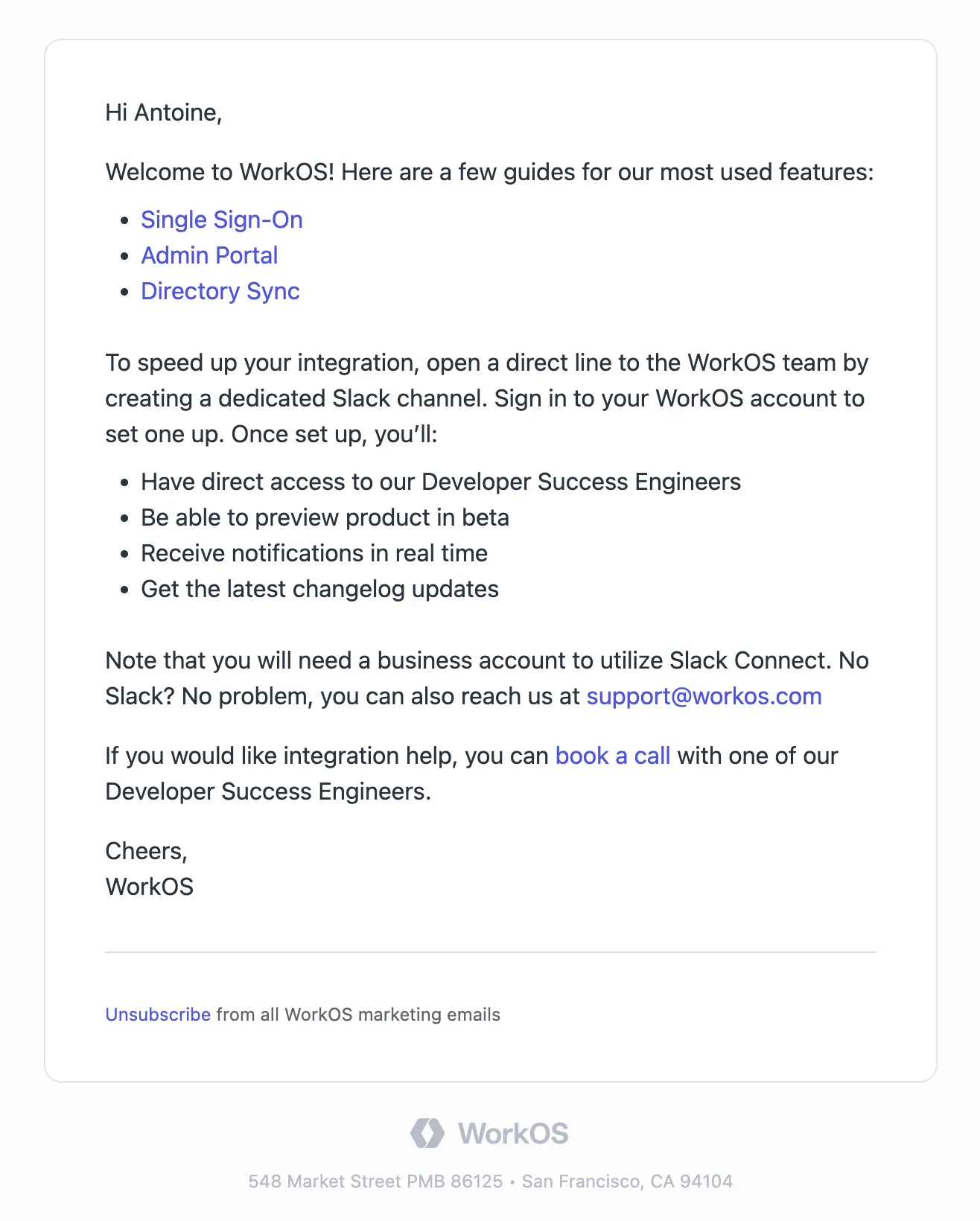 An example welcome email from WorkOS