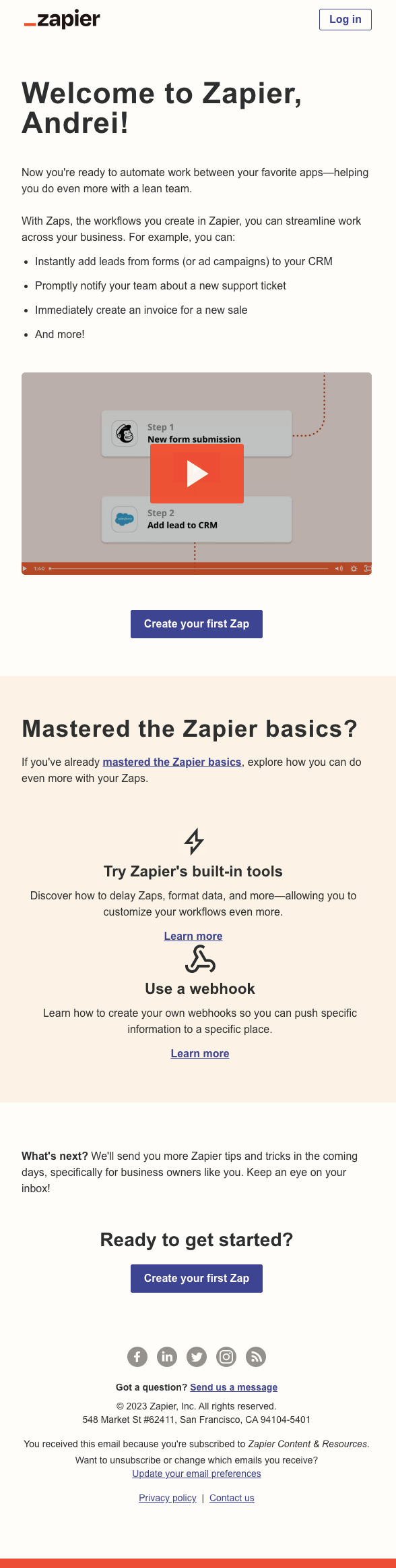 An example welcome email from Zapier