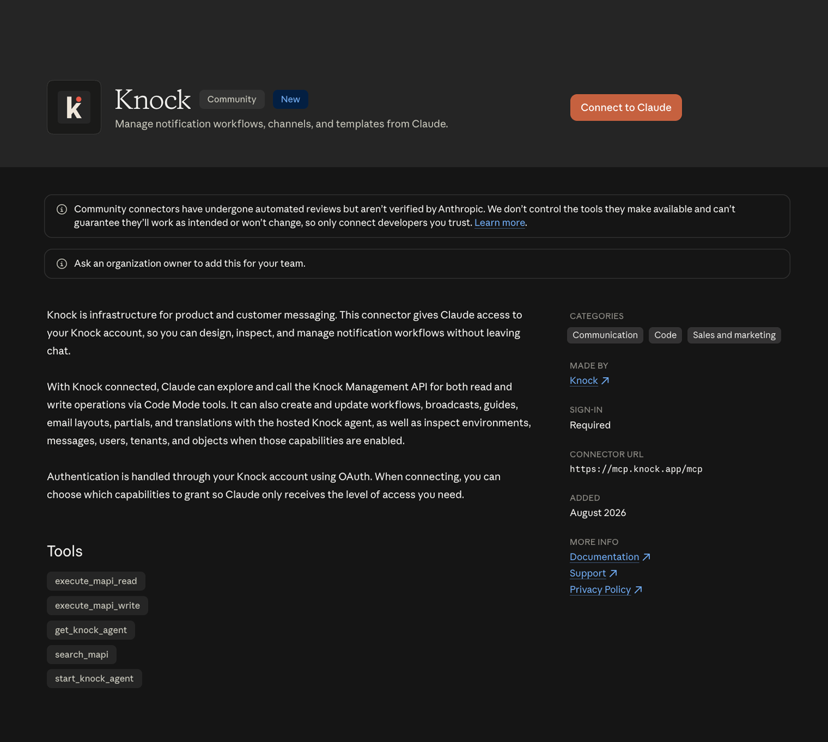 The Knock connector listing in Claude's directory