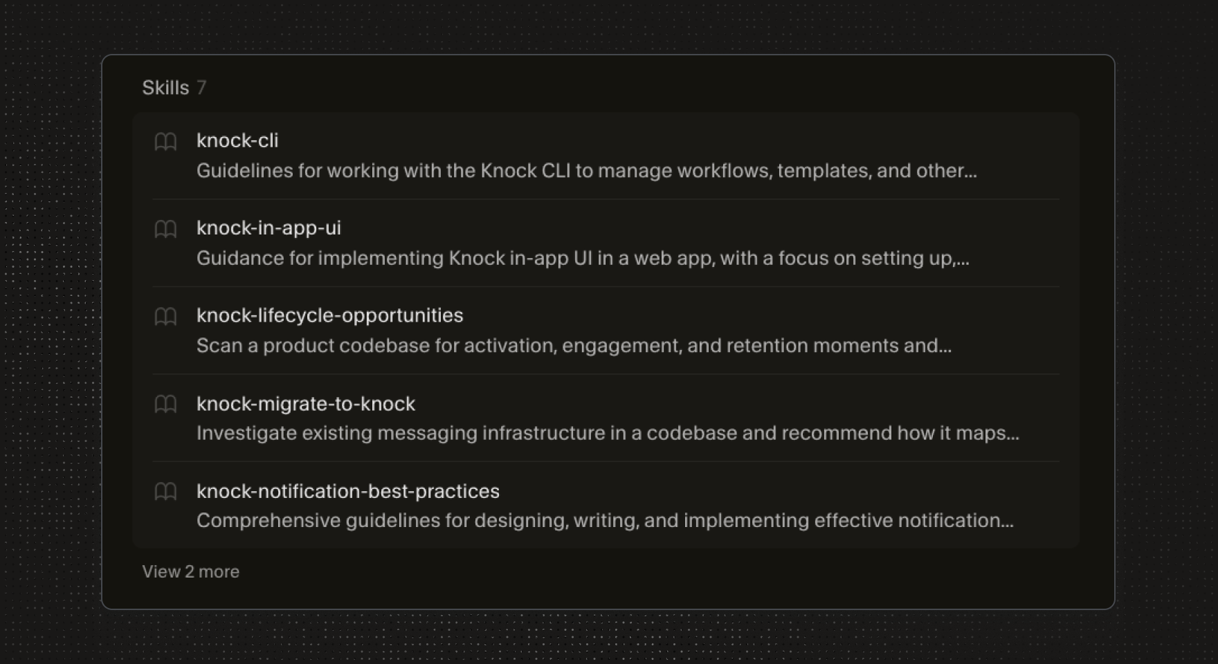 The Knock skills and tools available after installing the plugin in Cursor