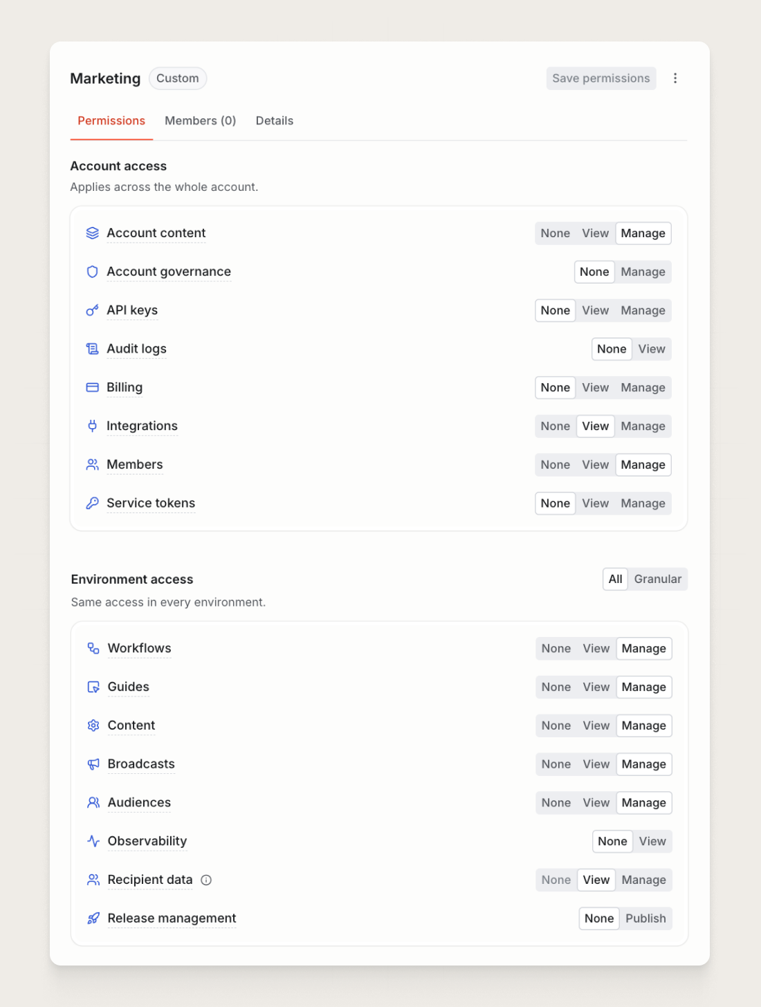 Setting account and environment-level access on a custom permission group
